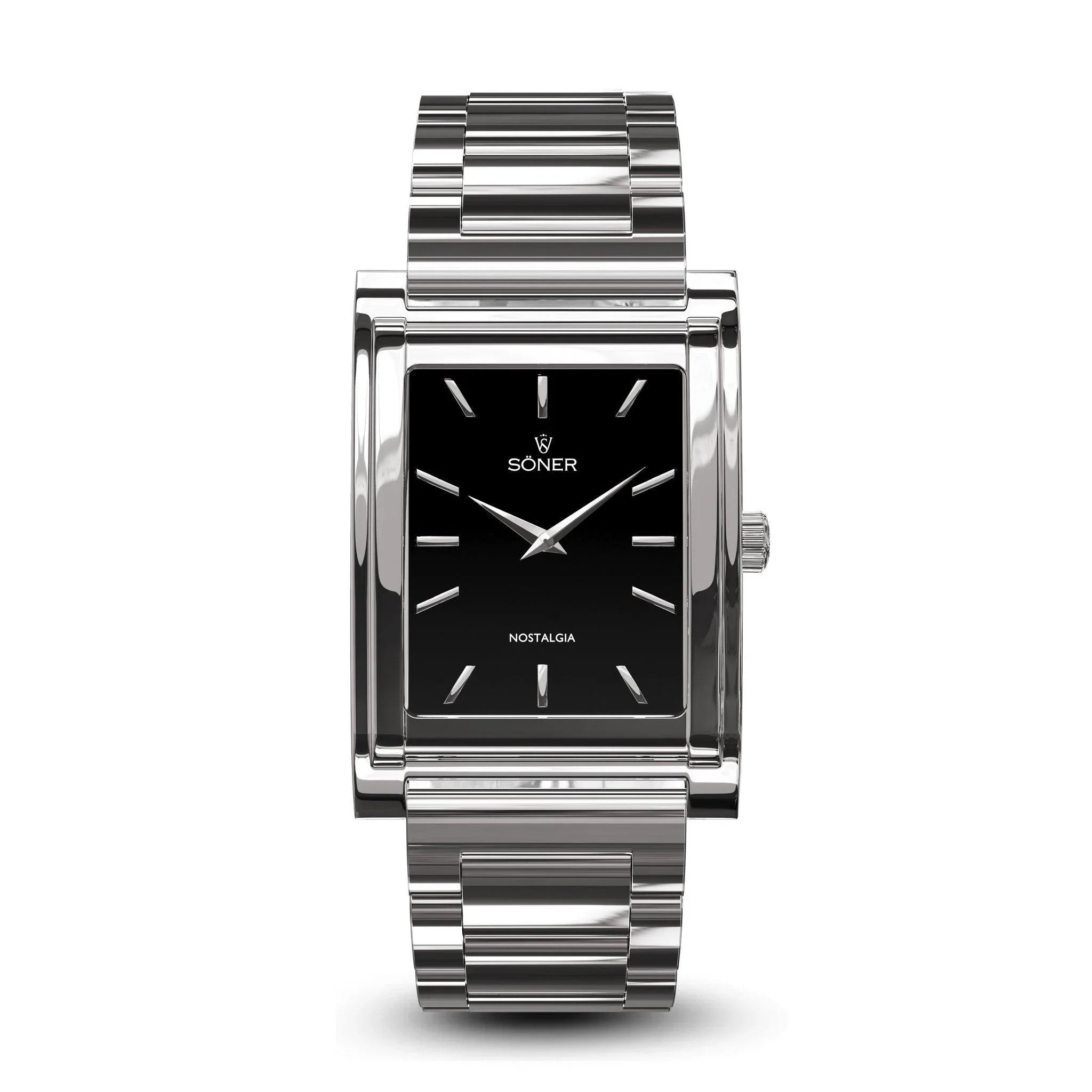 Nostalgia Stockholm rectangular watch with a polished steel case, minimalist black dial, silver hour markers, and a matching polished stainless steel bracelet.