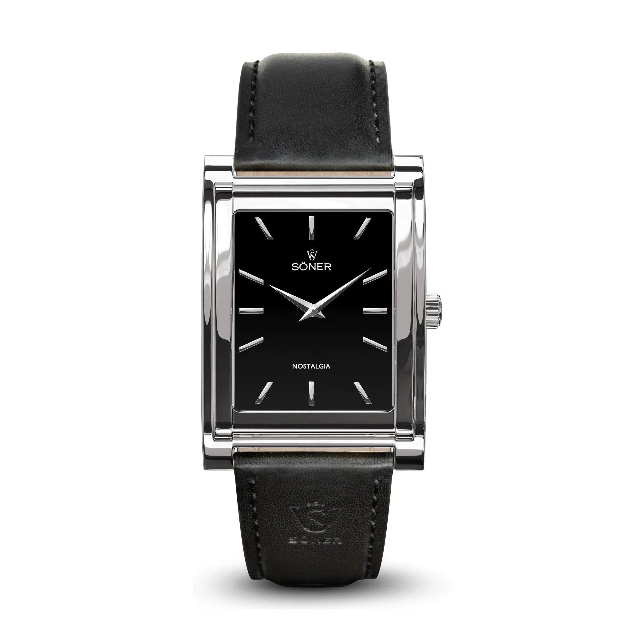 Nostalgia Stockholm rectangular watch with a polished steel case, minimalist black dial, silver markers, and a smooth black leather strap.