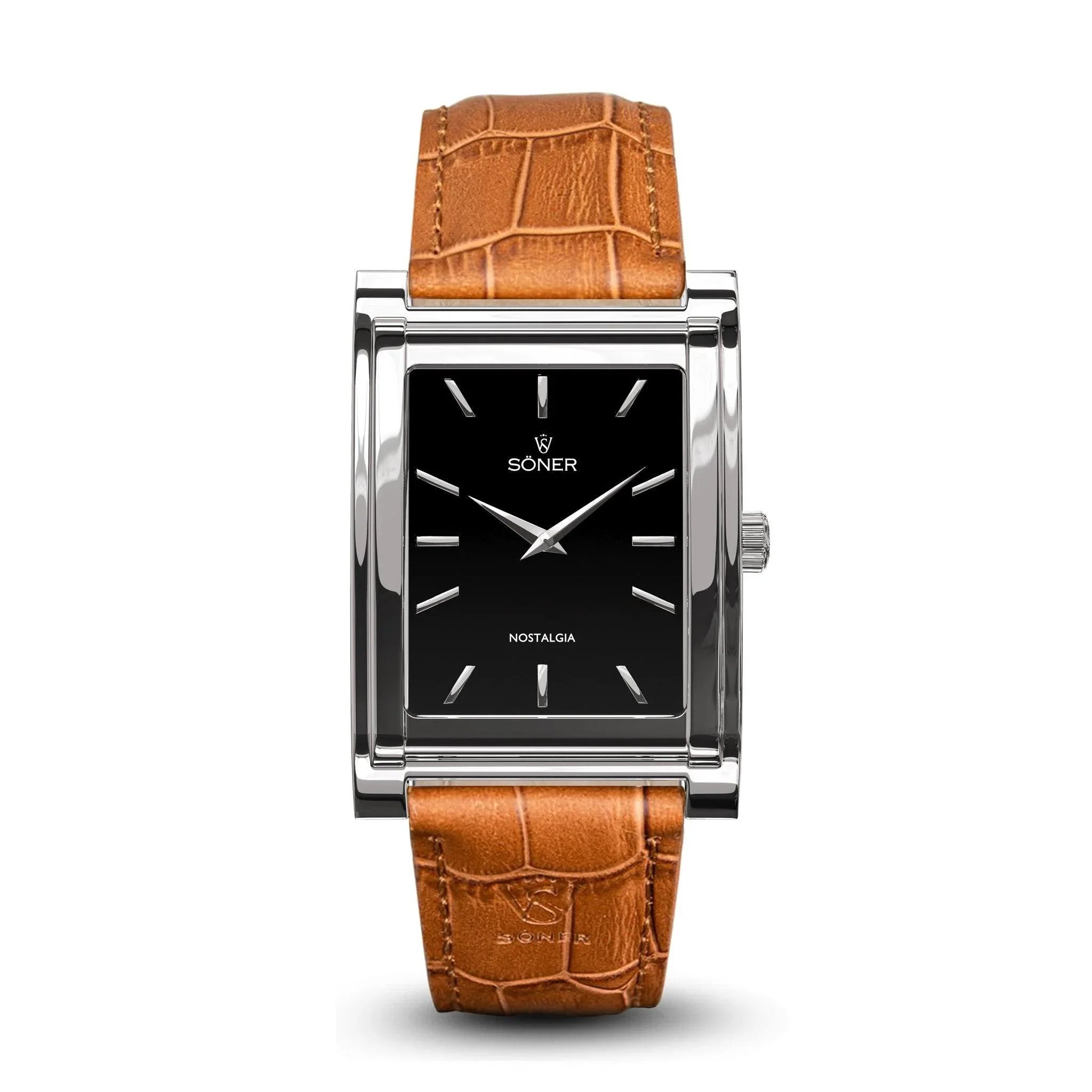 Nostalgia Stockholm rectangular watch with a polished steel case, minimalist black dial, silver markers, and a light brown crocodile-embossed leather strap.