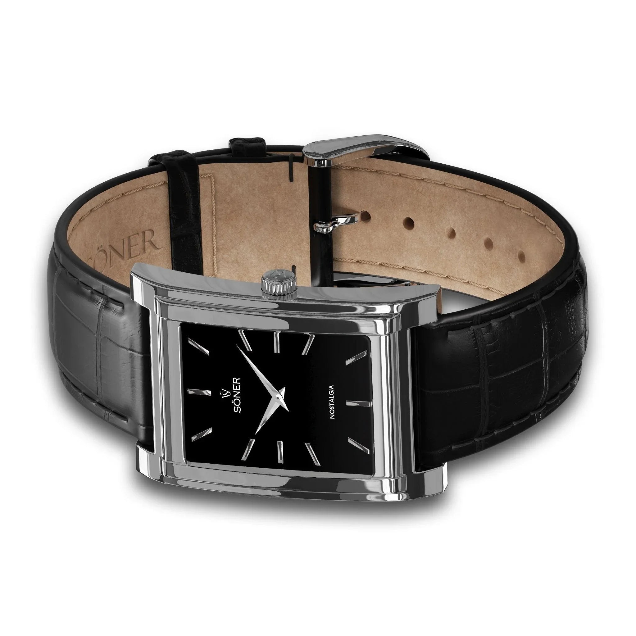 The Nostalgia Stockholm wristwatch is artistically showcased at an angle, featuring a sleek black rectangular design complemented by a silver case and black leather band. The watch face elegantly displays silver hour markers and hands, along with the Nostalgia brand name and Monaco label. It makes for a sophisticated addition to any collector's ensemble, boasting an 11-year battery life.