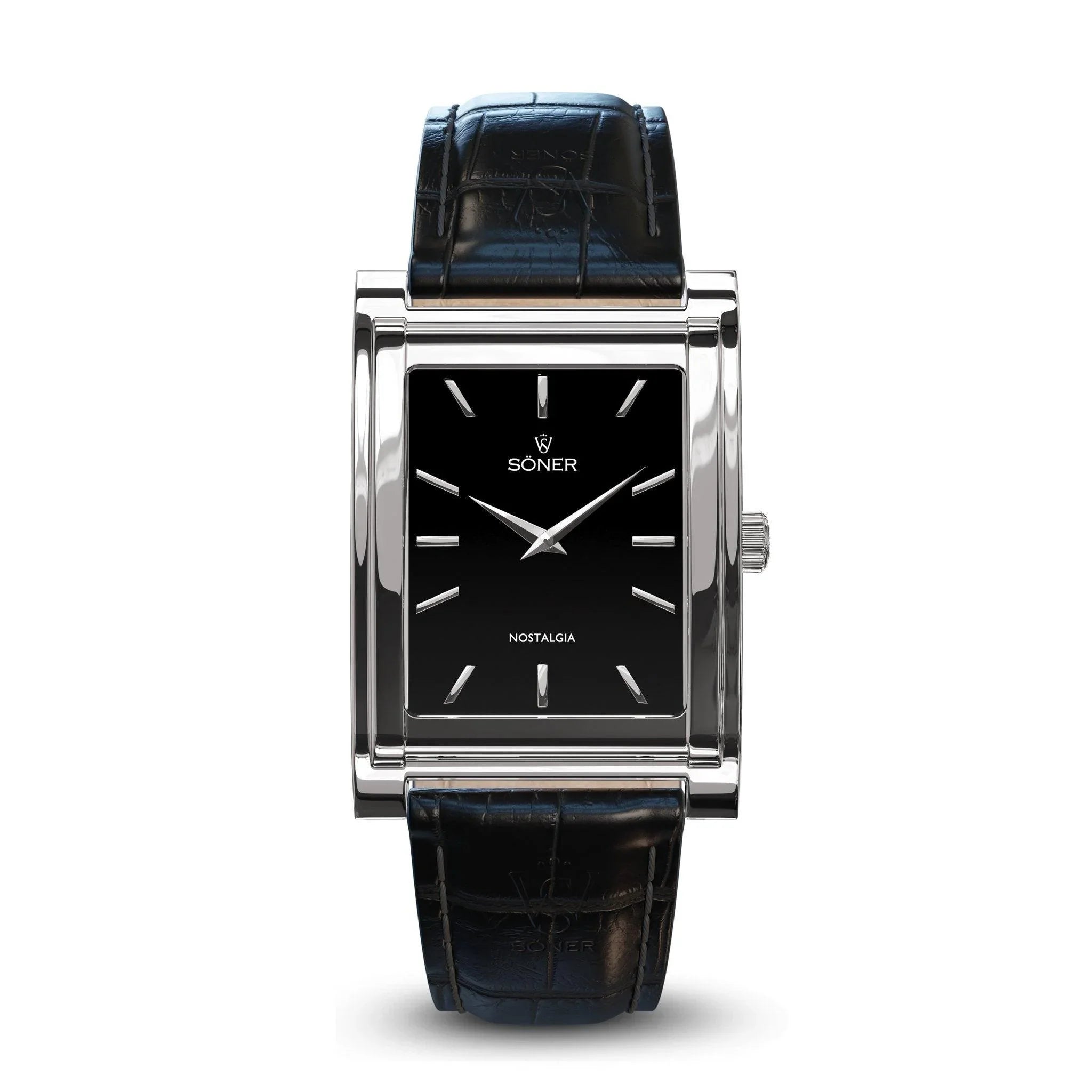 A sleek rectangular watch featuring a black face adorned with silver hour markers and hands, paired elegantly with a black leather strap. The dial proudly displays the Söner brand name and the Nostalgia Stockholm model, offering an 11-year battery life. The case is finished in polished silver, embodying timeless elegance.