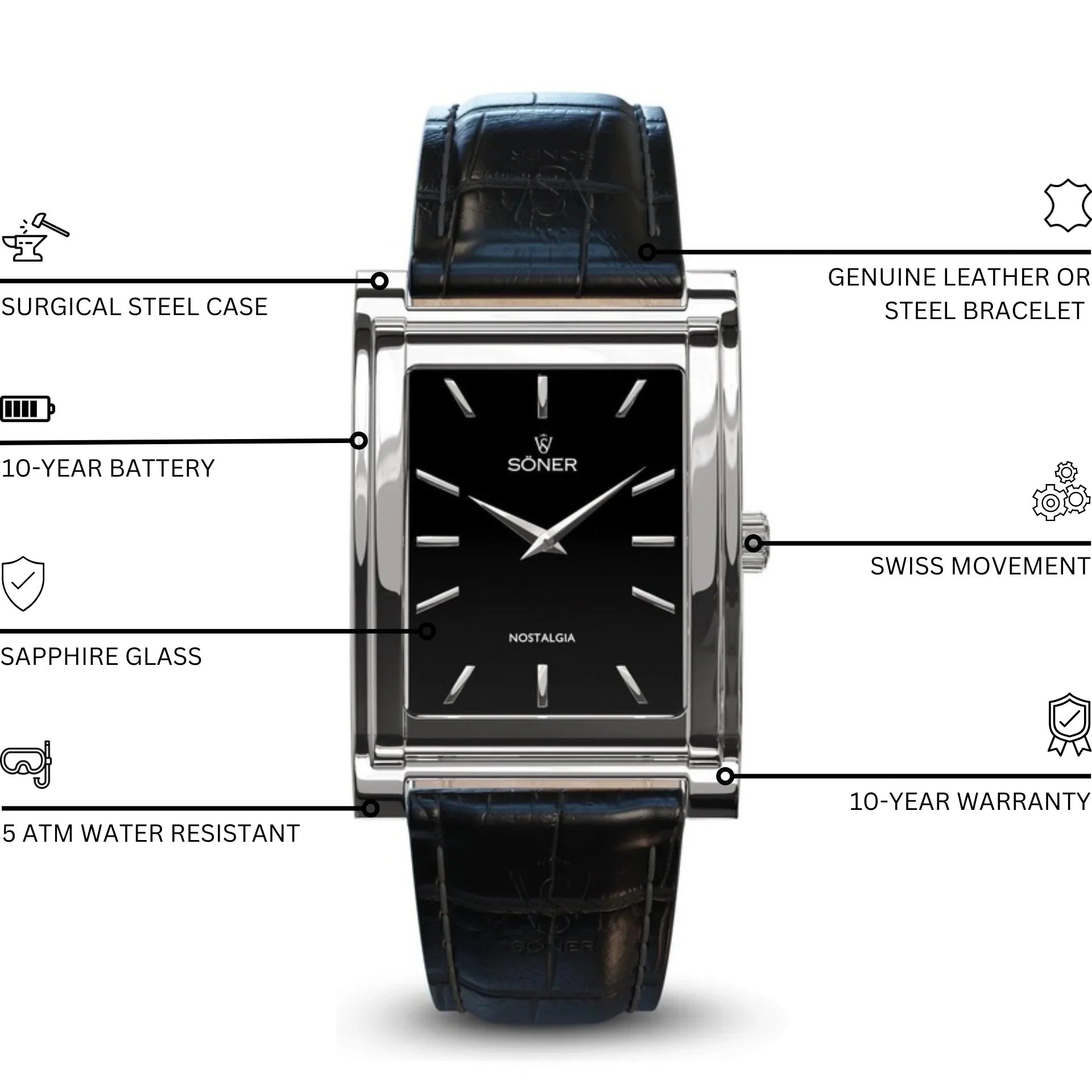 Nostalgia Stockholm rectangular watch with a polished surgical steel case, onyx-black dial, black leather strap, sapphire glass, Swiss movement, 10-year battery, 5 ATM water resistance, and 10-year warranty.