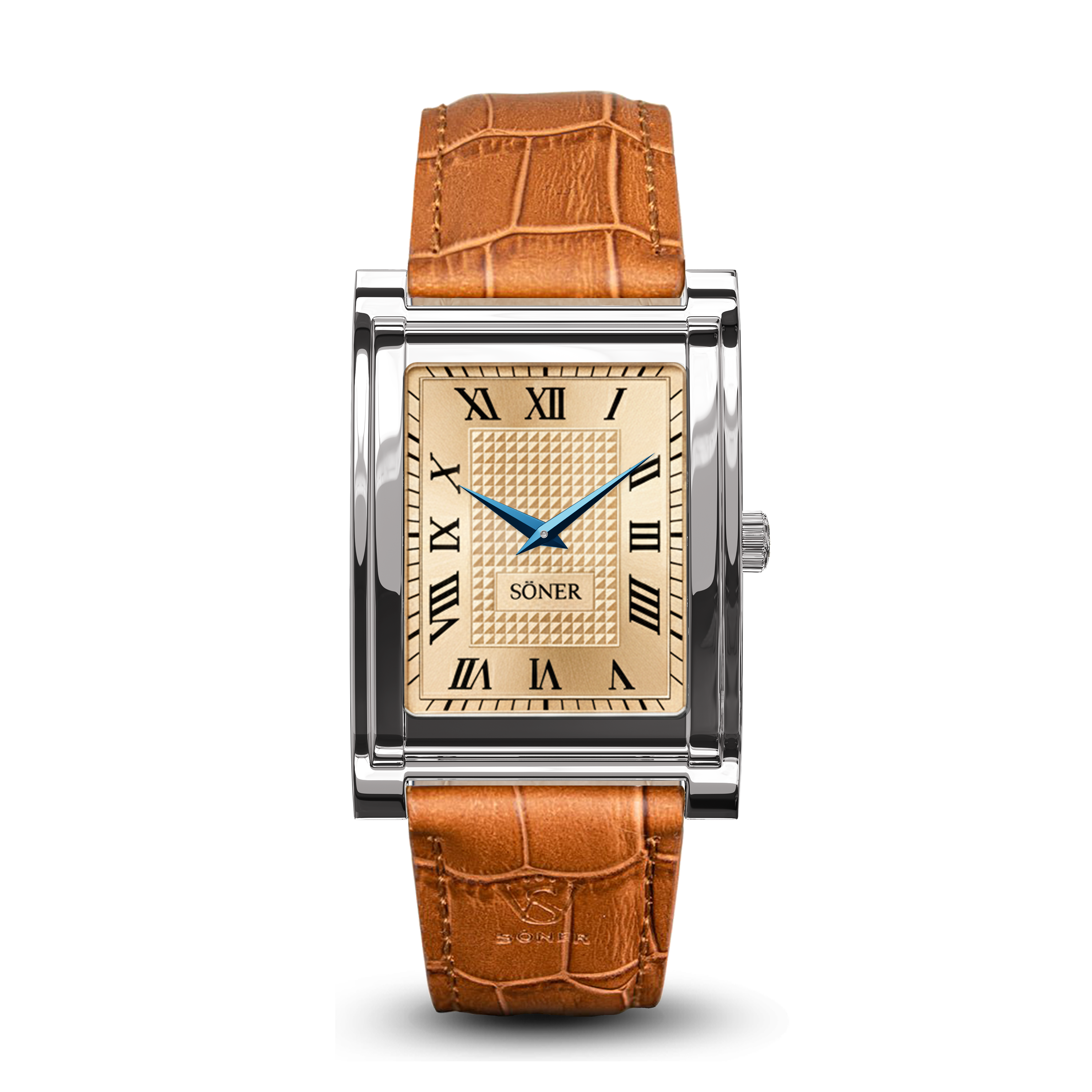 A rectangular wristwatch with a tan leather strap, champagne dial, gold face, Roman numerals, and blue hands. The watch features a rectangular steel case and the brand name SONER on the dial, making it an exquisite men’s luxury watch.