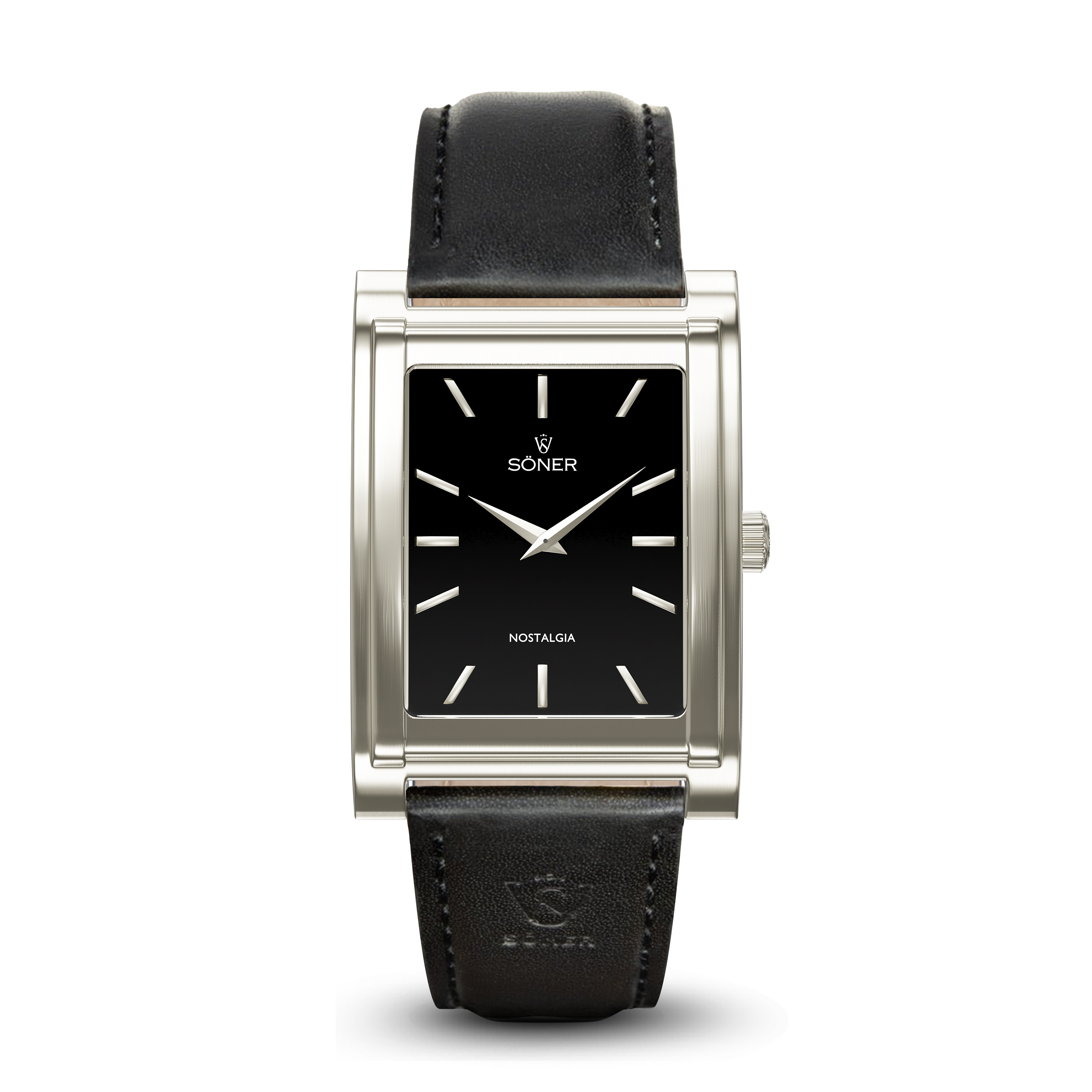 Square watch, Nostalgia London with black dial - black leather strap front view