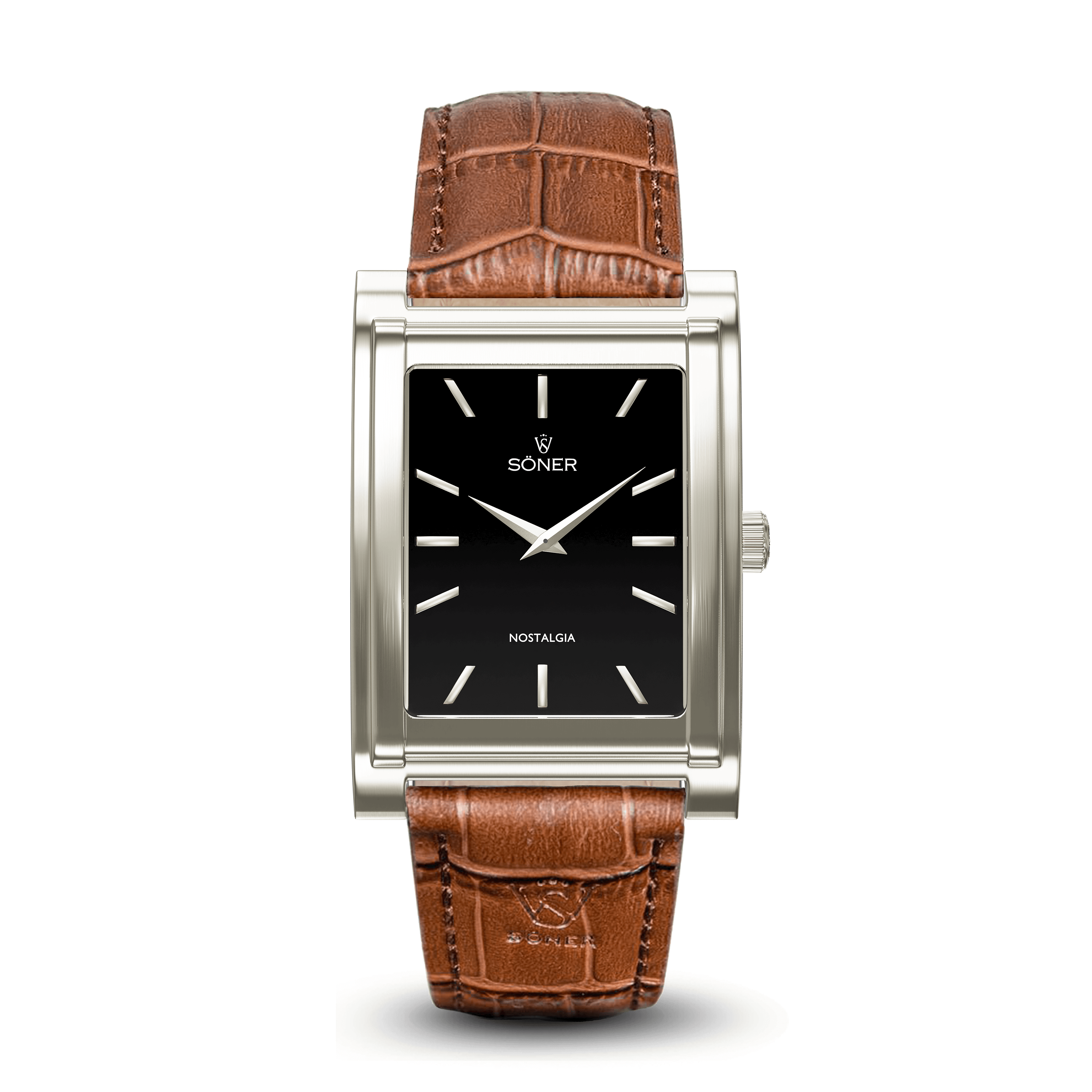 A rectangular watch with a brown leather strap and a black face. The face features silver hour markers and hands. The watch casing is metallic silver with a classic design.