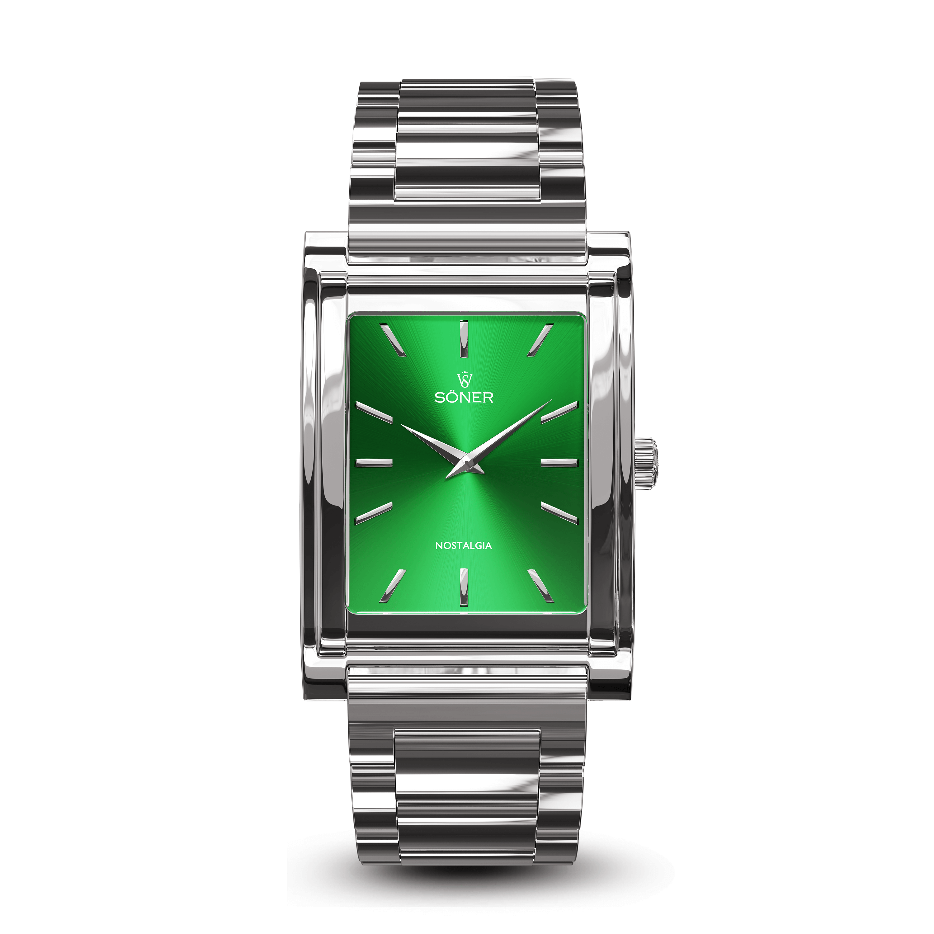 The rectangular silver wristwatch boasts a metallic band and a vibrant green face with silver hour markers and hands. The brand SONER and the word NOSTALGIA elegantly grace the watch face, adding a touch of timeless allure to this exquisite piece.