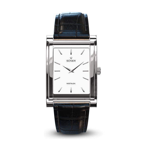 Square watch, Nostalgia Paris with white dial - black alligator pattern leather strap frontal view