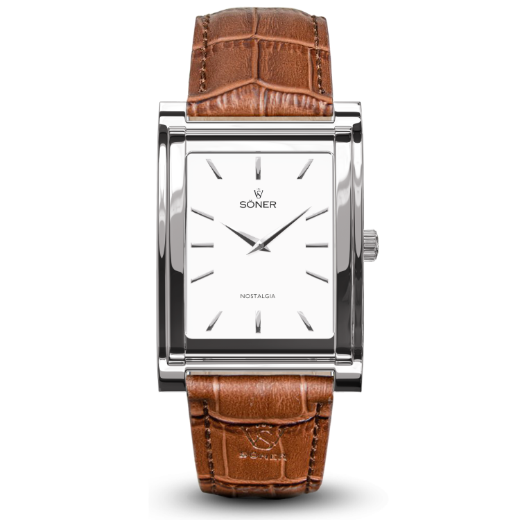 Rectangular silver wristwatch with a white dial, minimalist hour markers, and SÖNER NOSTALGIA text. It features silver hands and a brown leather strap with a crocodile skin pattern.