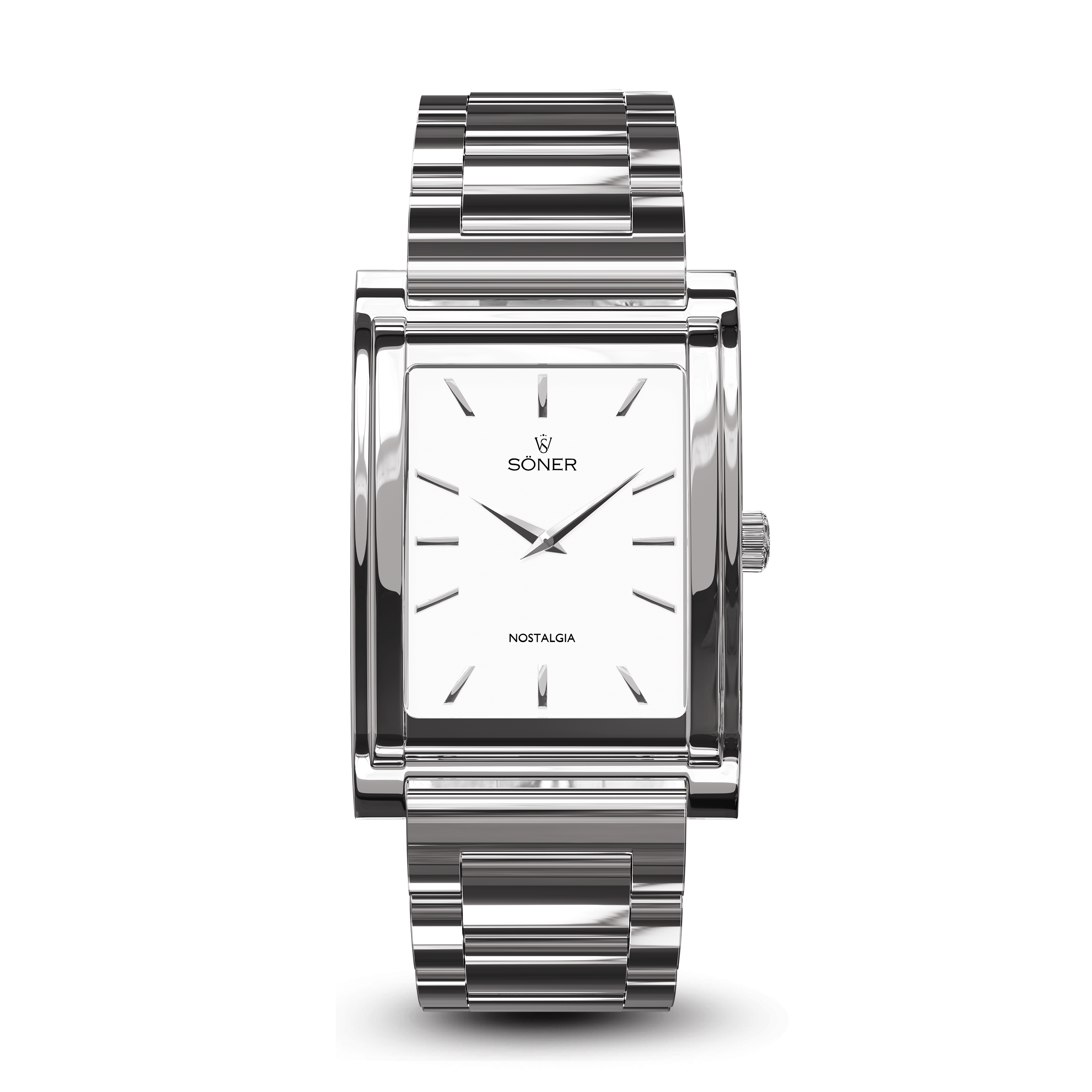 A sleek silver wristwatch with a rectangular face and a metal band. The watch features minimalistic hour markers, two hands, and the words Soner and Nostalgia on the white face.
