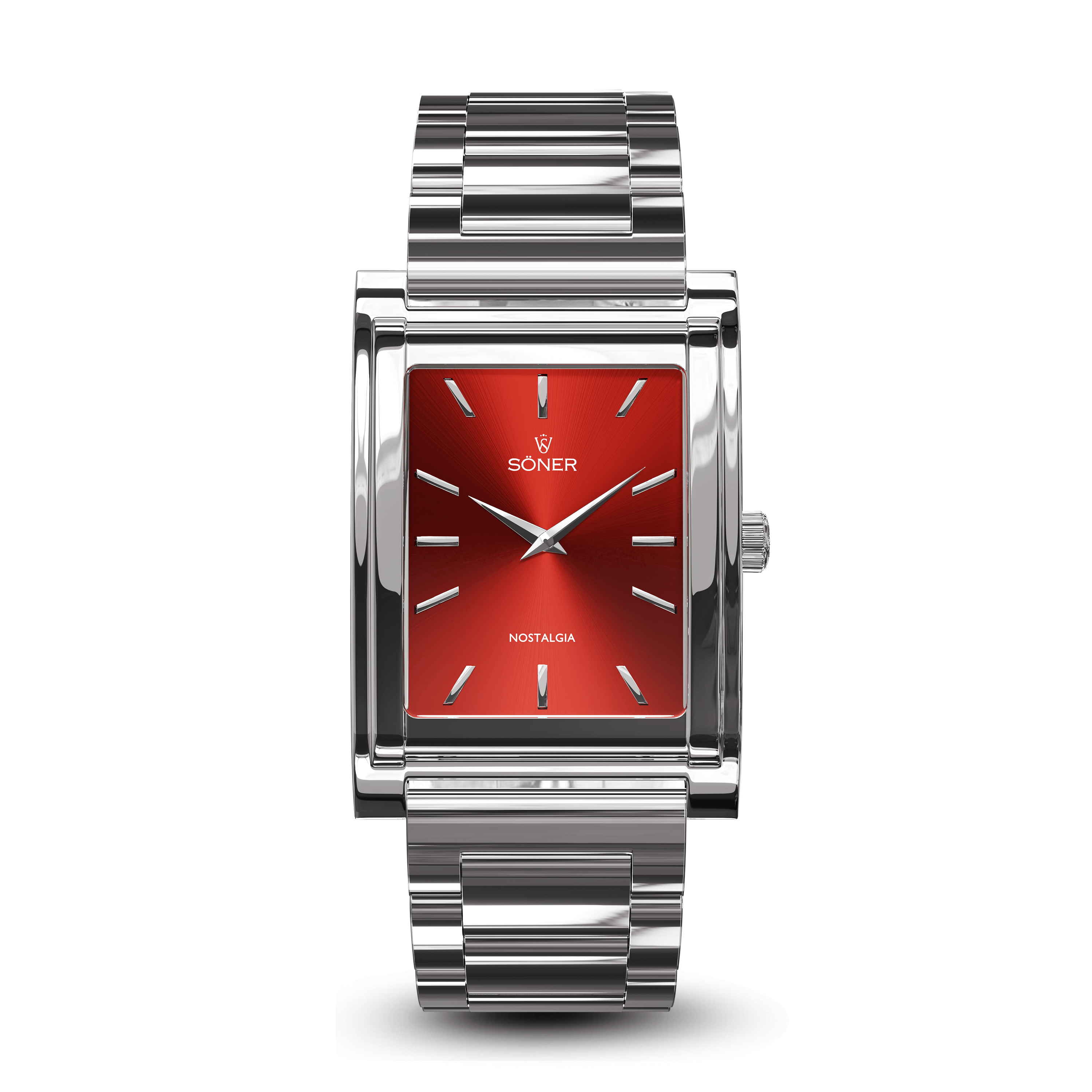 A luxury rectangular watch features a silver metal frame and band. The bright red face displays minimalist hour markers and hands. The word SONER graces the top, while NOSTALGIA adorns the bottom of the dial, adding a touch of timeless elegance.