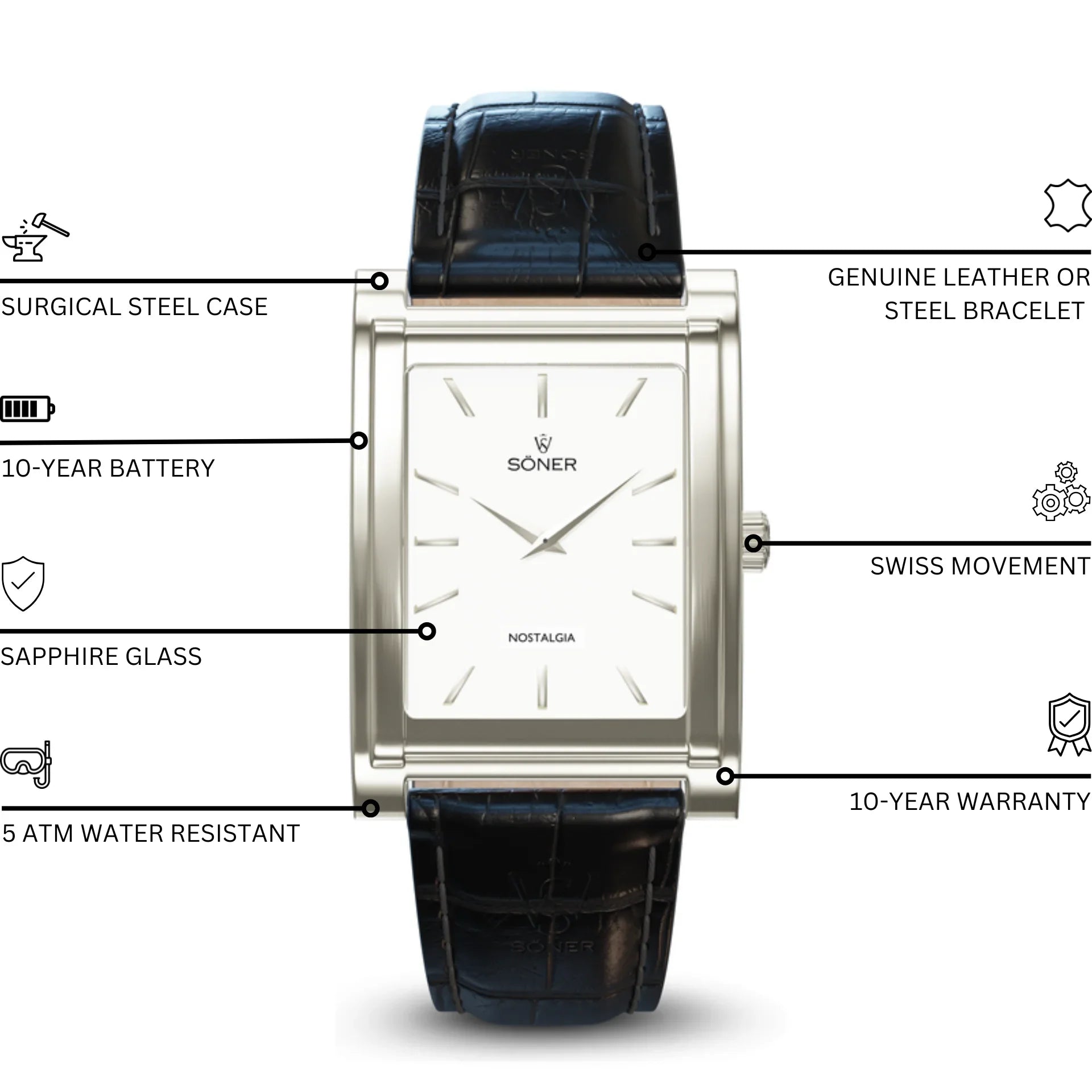 Rectangular dress watch with a clean white dial and black markers.
