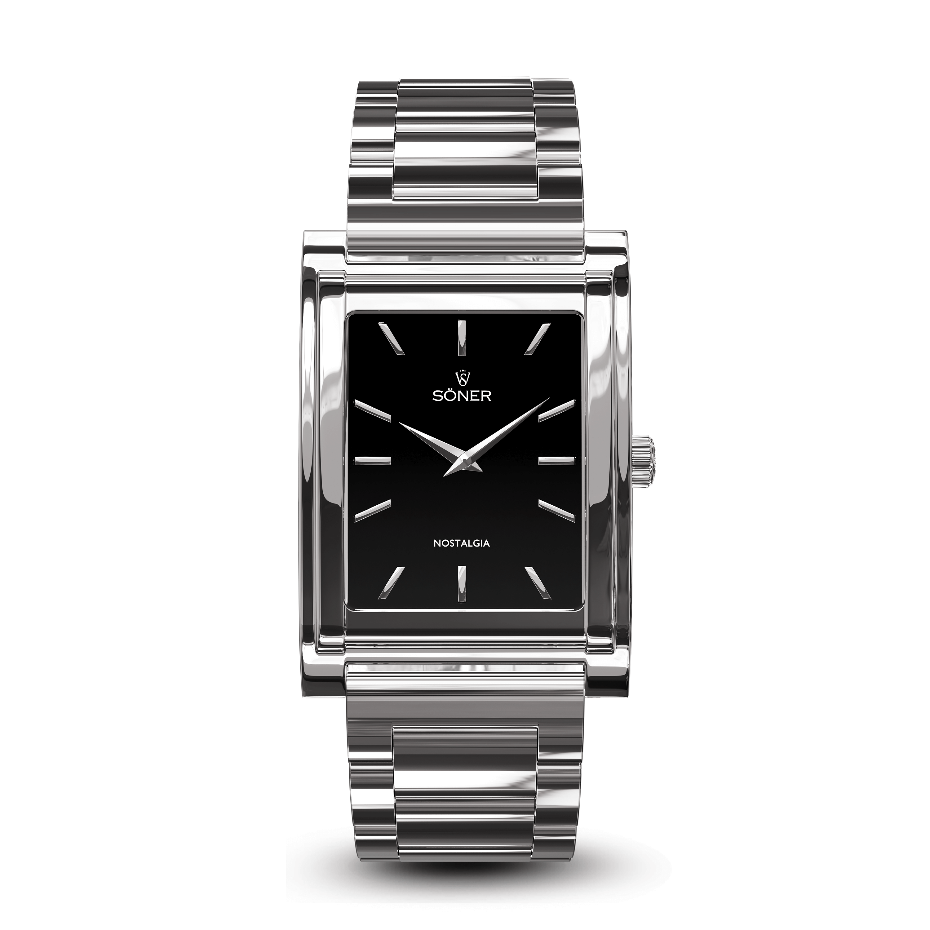 A sleek, rectangular silver wristwatch with a black face features prominently on your wrist. Silver hour markers and hands enhance its elegance. The word Nostalgia graces the face, accompanied by a small crown logo and brand name. A matching silver metal band completes this timeless piece.