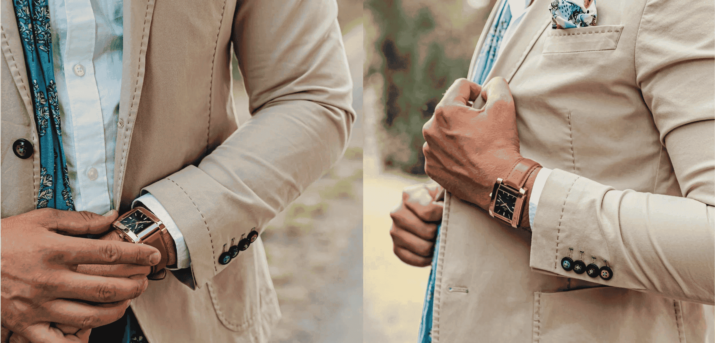 A person wearing a beige suit adjusts their jacket, revealing a stylish rectangular watch on their wrist. Complementing the timepiece is a patterned blue tie and a glimpse of a pocket square. The background is blurred.