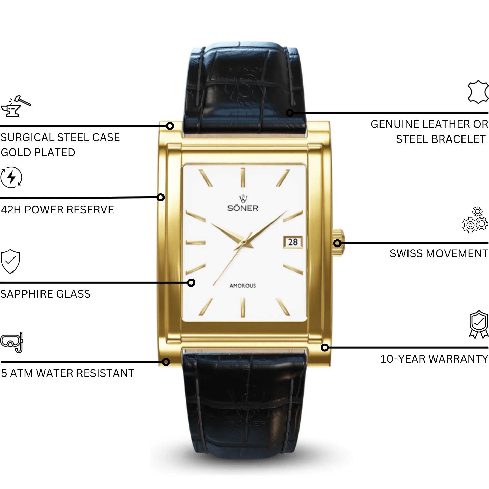 The Amorous Casablanca (Self-winding) is an beautiful rectangular watch featuring a gold frame with a white face, gold hour markers, and sleek black hands. It includes a date window on its dial, which prominently displays the Soner name. This exquisite timepiece is completed by a sophisticated black leather strap with a crocodile pattern.