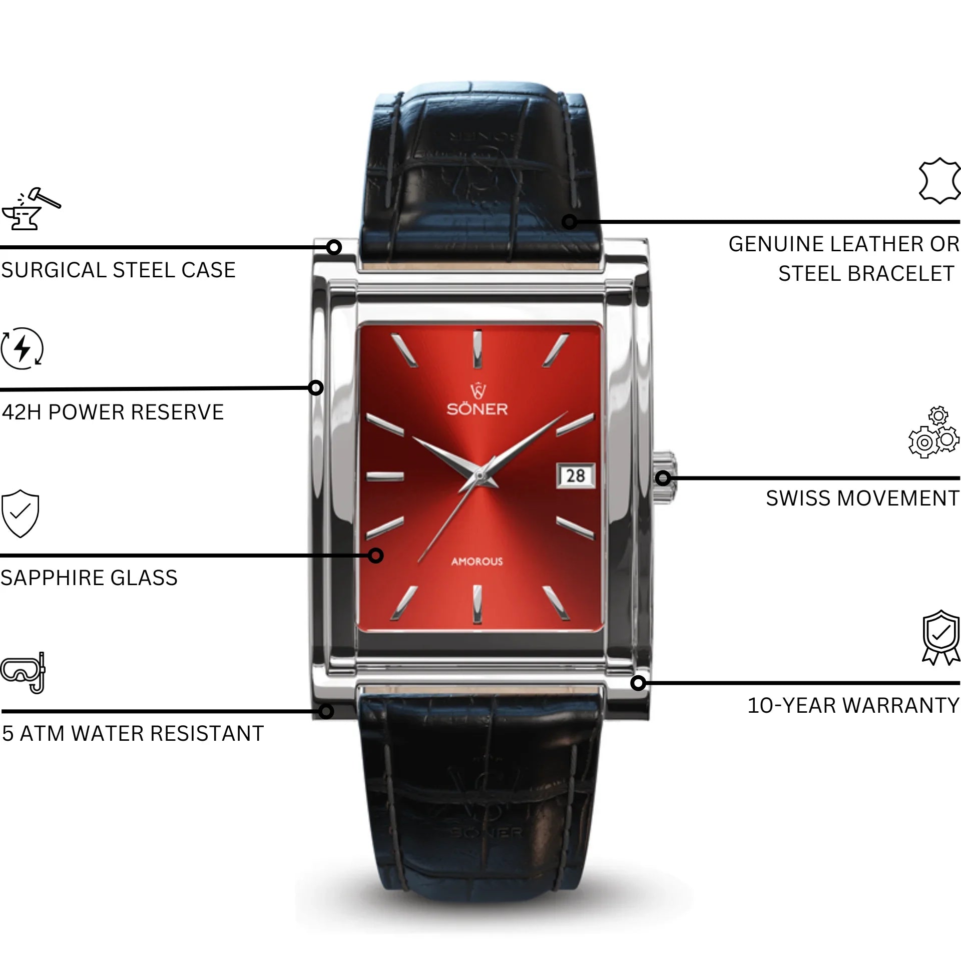 Amorous Rio rectangular wristwatch, characterized by its rectangular shape, gleaming metal frame, and dark textured leather strap. The vivid red dial is adorned with silver hour markers and hands. Soner and Amoroso branding is clearly featured near the small date display—an elegant addition to any collection of self-winding watches.