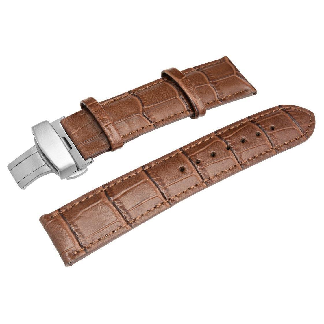 Two HERITAGE Mocha Croc (22mm) leather watch straps are laid out side by side. The top strap features a silver buckle, and the bottom strap has multiple holes for adjustable sizing. The leather showcases a textured, crocodile-like pattern.