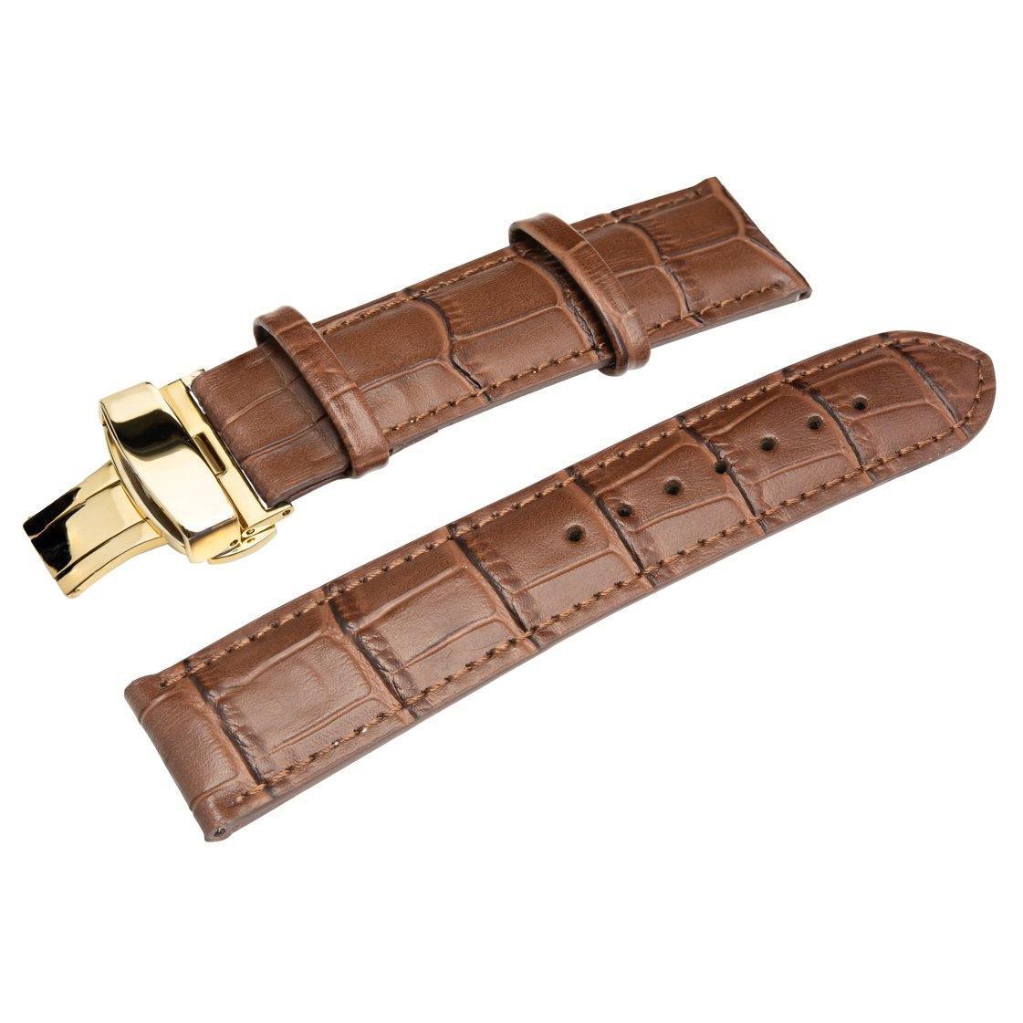The HERITAGE Mocha Croc (22mm) watch band, made of brown leather with a crocodile pattern, features a gold clasp and multiple adjustment holes. It is displayed in two pieces against a plain background.