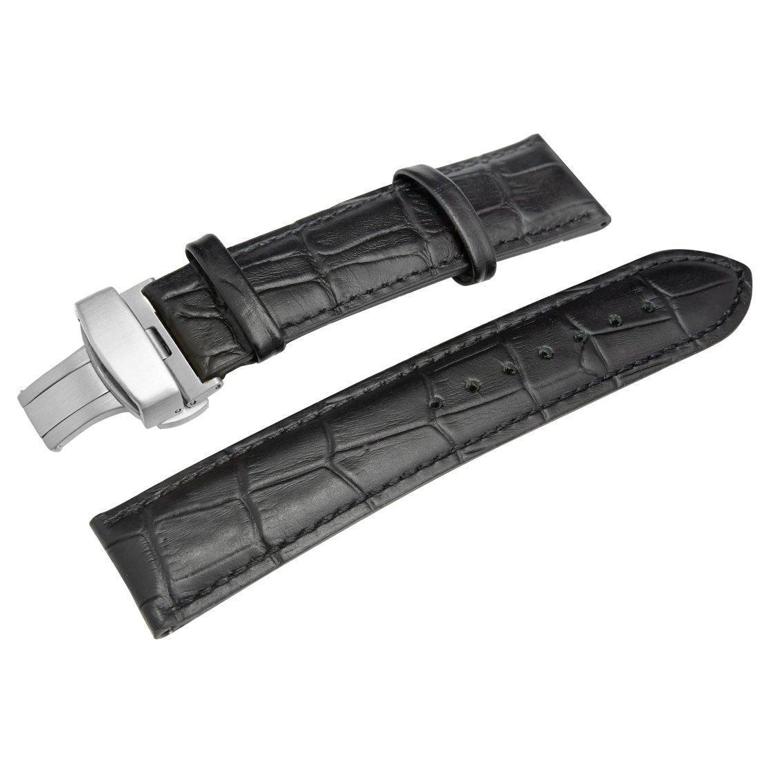 The HERITAGE Noir Croc (22mm) is a black leather watch strap with a crocodile texture, featuring a stainless steel deployment clasp. It includes multiple adjustment holes and boasts a sleek, polished finish.