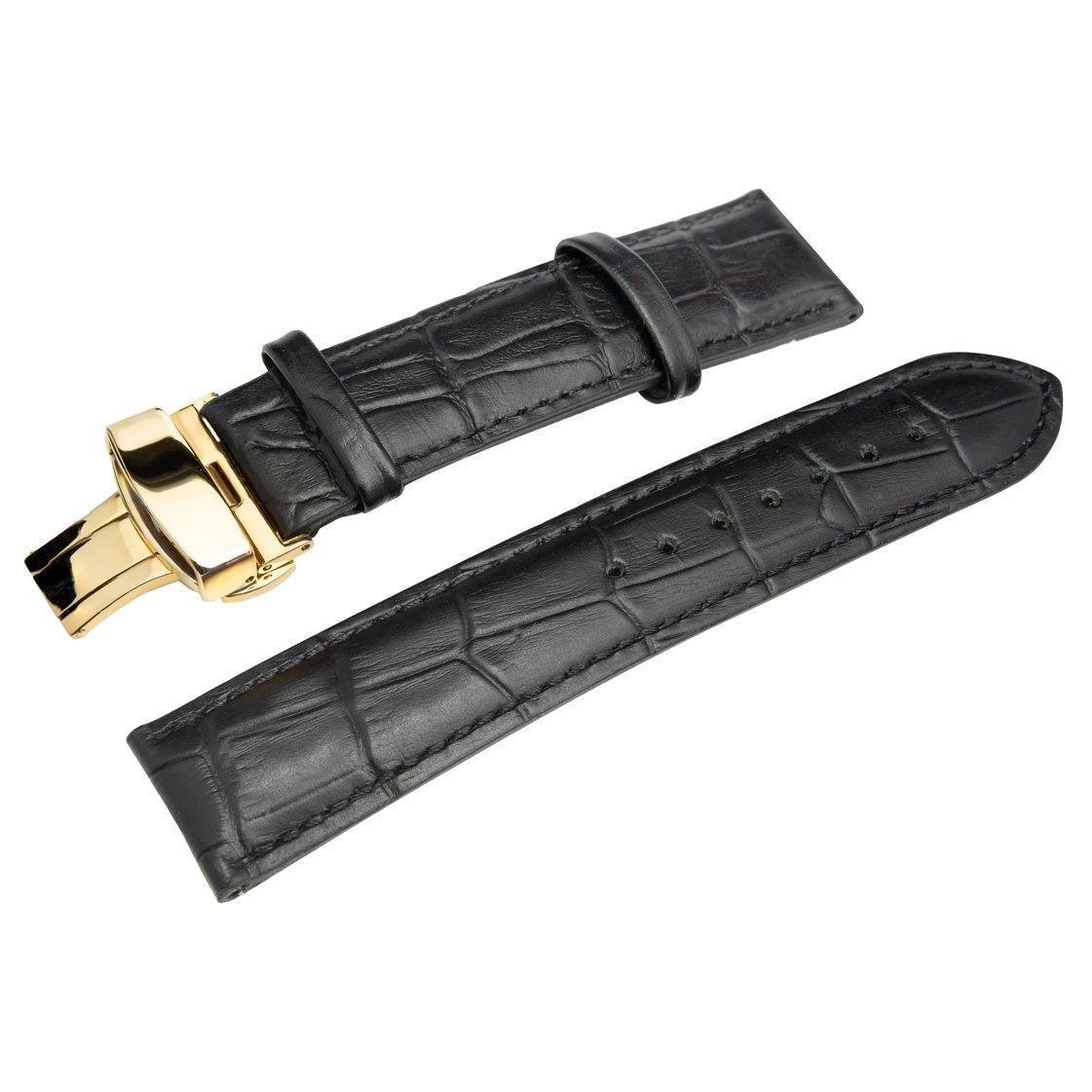 Introducing the HERITAGE Noir Croc (22mm), a black leather watch strap showcasing an elegant crocodile pattern. This sophisticated strap includes a gold clasp and two separate sections, one of which is equipped with multiple holes for easy size adjustment.