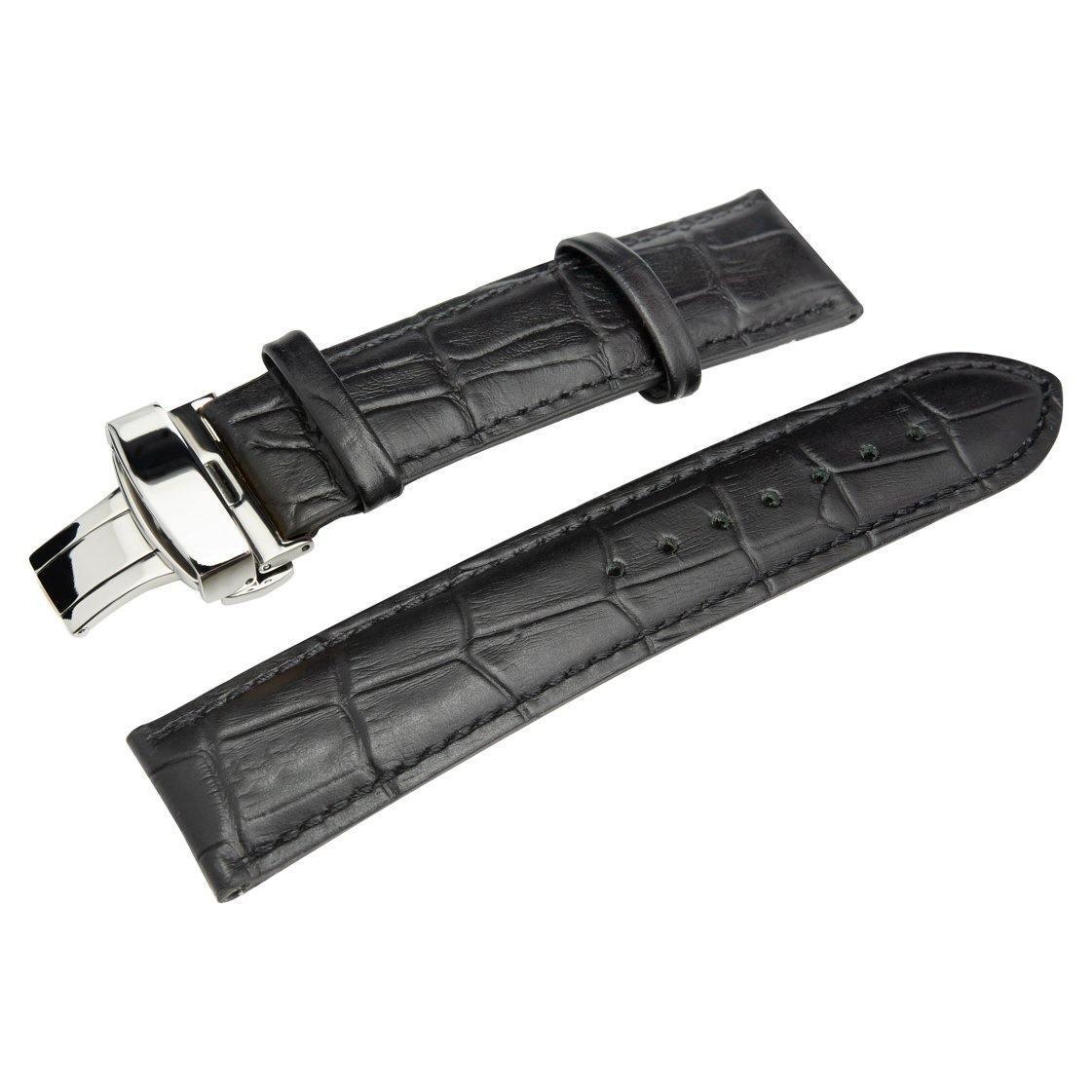 The HERITAGE Noir Croc (22mm) watch strap, showcasing a black leather design with a crocodile pattern texture and a silver deployment buckle, is displayed on a white background.