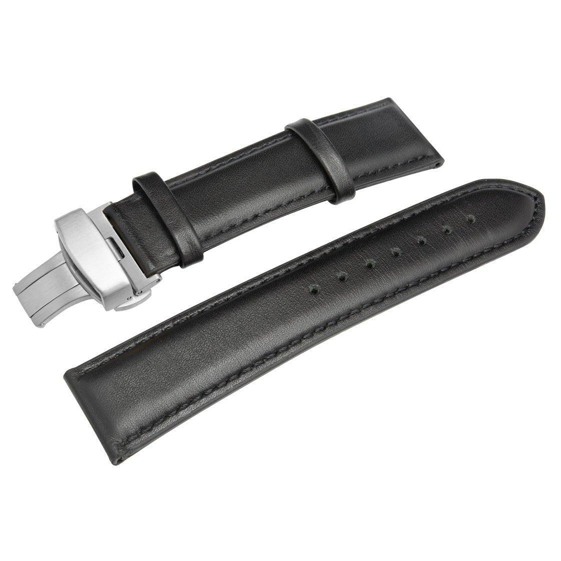 A HERITAGE Obsidian (22mm) black leather watch strap featuring a stainless steel deployment clasp. The strap is displayed in two pieces: one with the clasp attached and the other arranged alongside it, highlighting rows of adjustment holes.