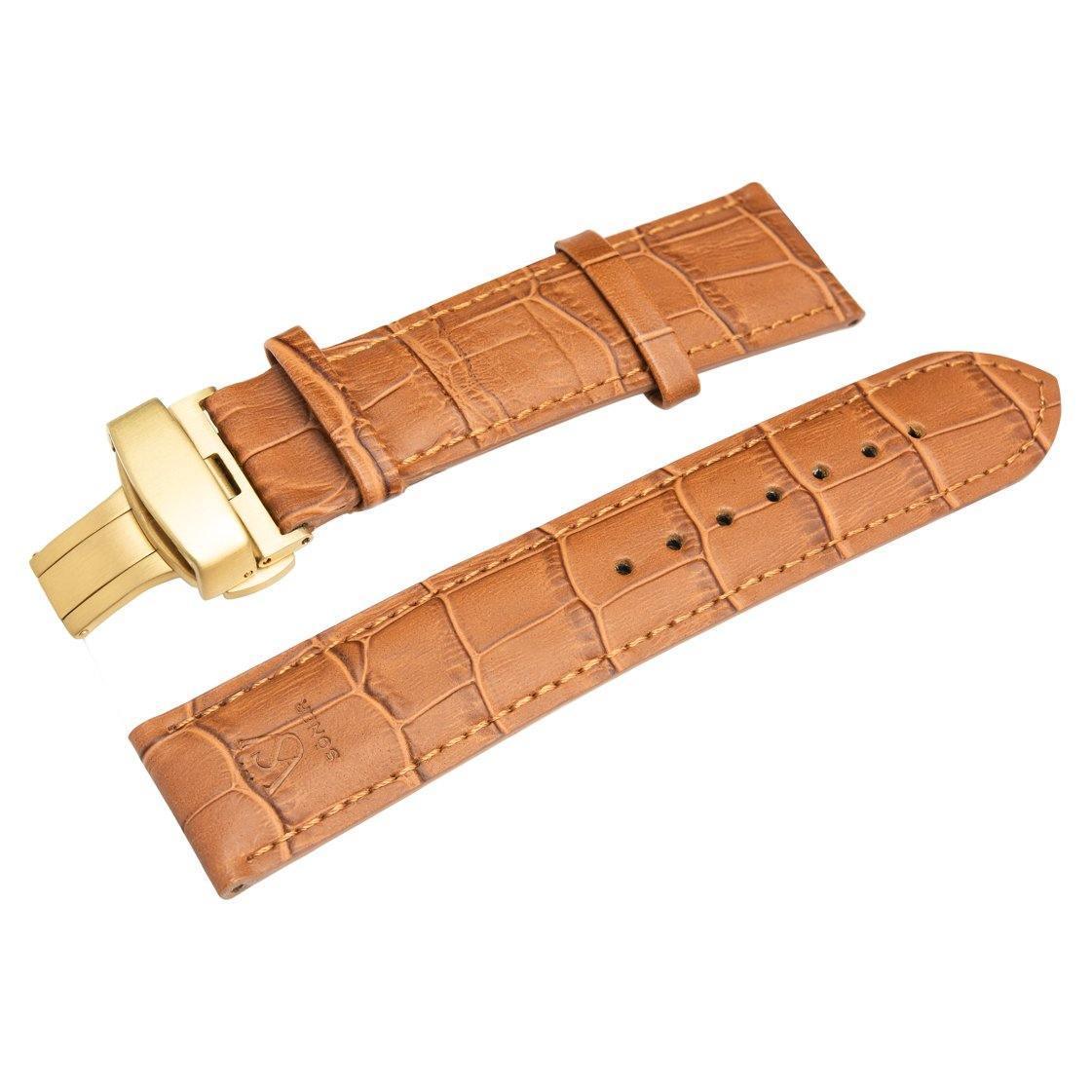 A HERITAGE Cognac Croc (22mm) leather watch strap features a crocodile pattern and a gold-toned clasp. It is displayed in two sections: one includes the buckle and the other has adjustment holes, with its color being a warm tan-brown.