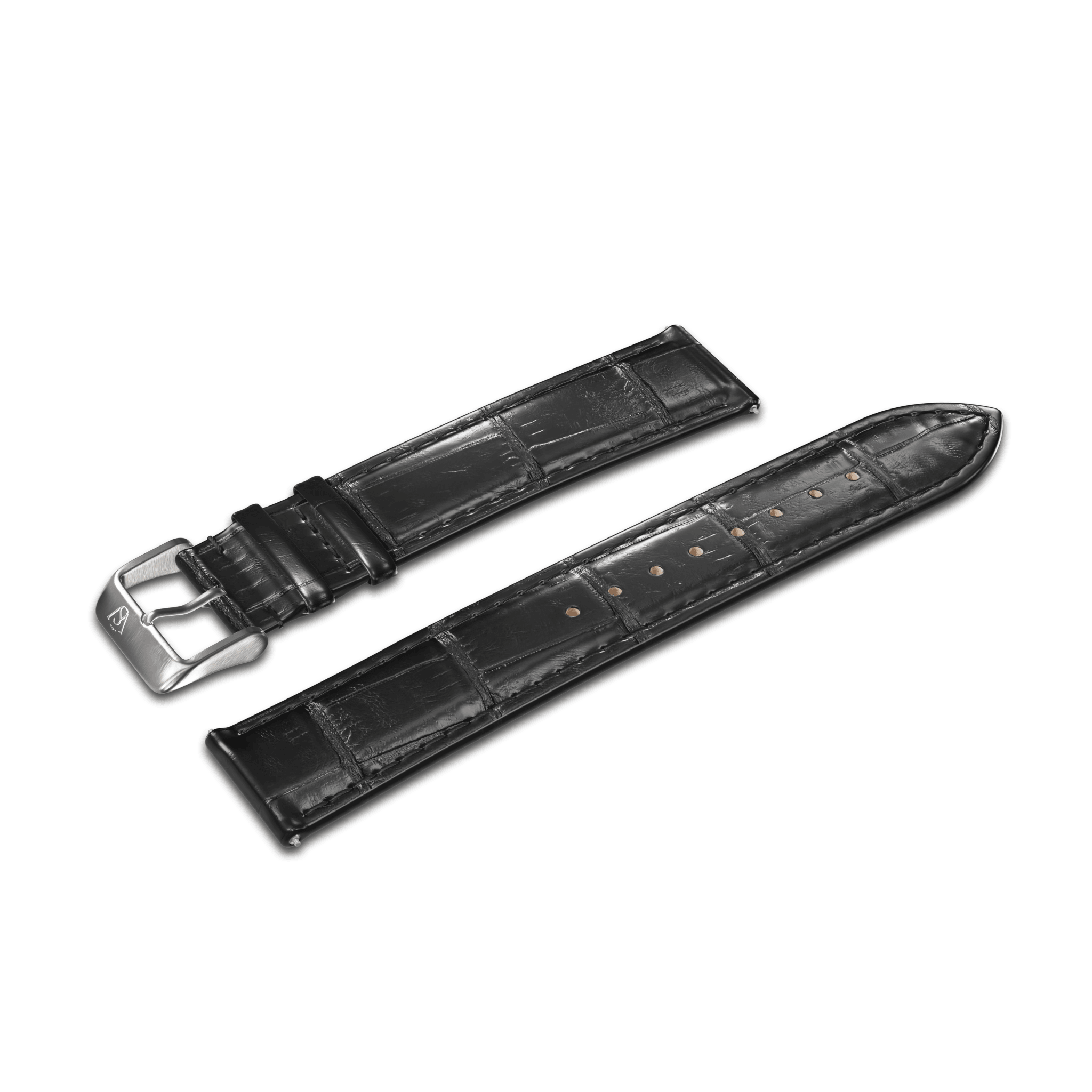The GATSBY Noir Croc (20mm) watch strap is presented in black leather with a silver buckle. It comes in two separate pieces: one with the buckle and the other featuring several holes for size adjustments. Both pieces exhibit a textured, glossy crocodile finish with stitching along the edges.