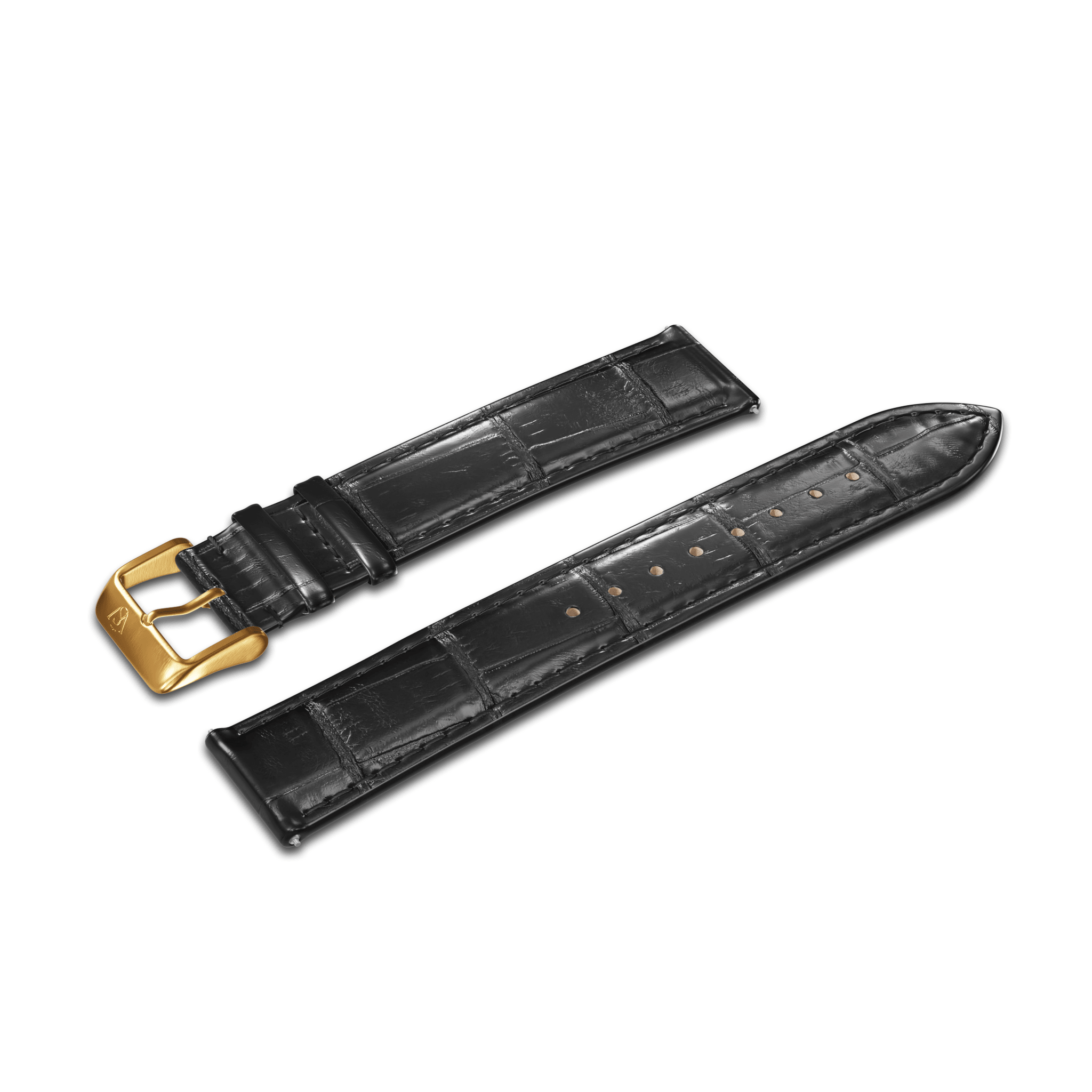 The GATSBY Noir Croc (20mm) is a two-piece black leather watch strap featuring a shiny crocodile pattern, a gold buckle, and multiple adjustable holes.