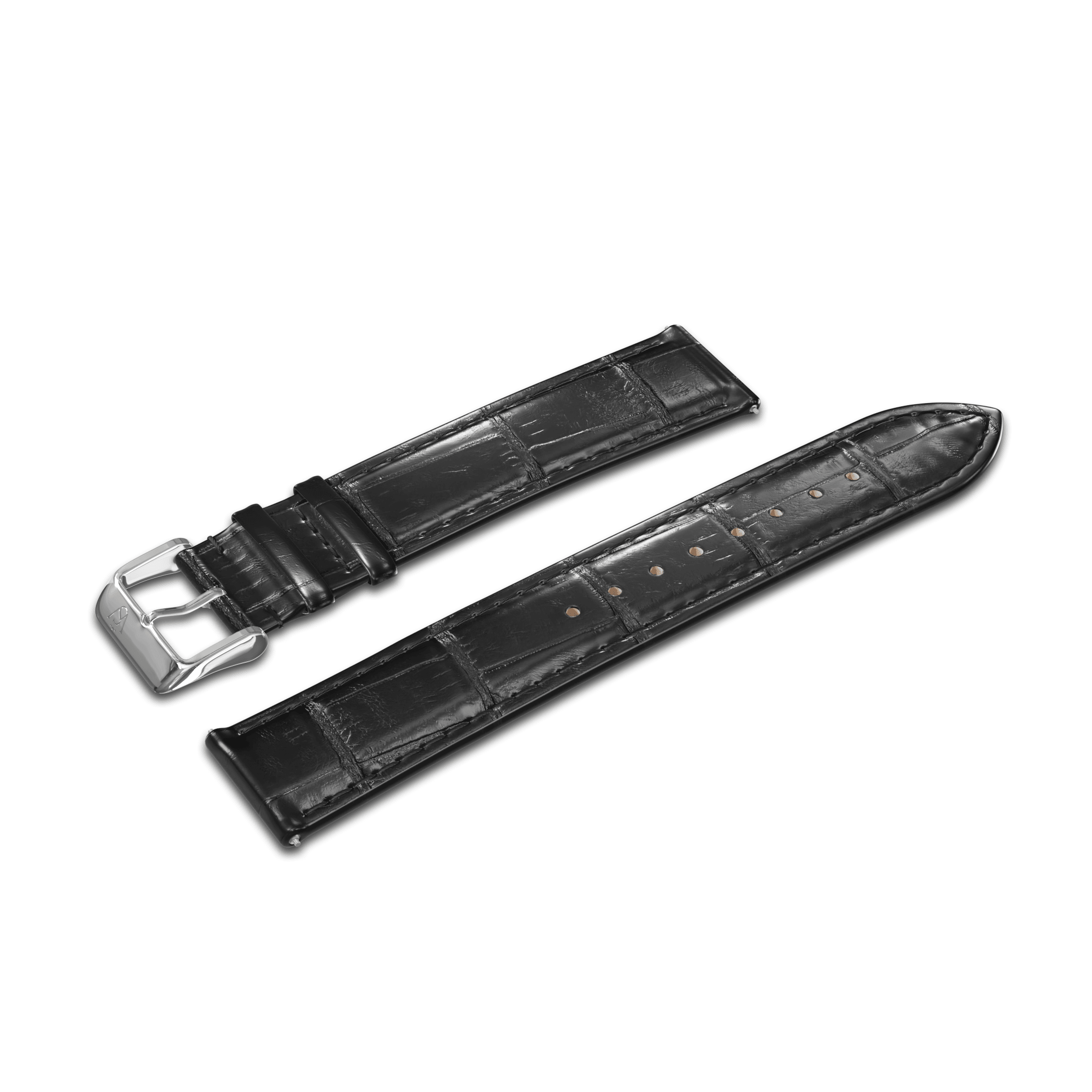 The GATSBY Noir Croc (20mm) is a black leather watch strap featuring a crocodile pattern and a silver buckle, displayed in two separate pieces against a plain white background.