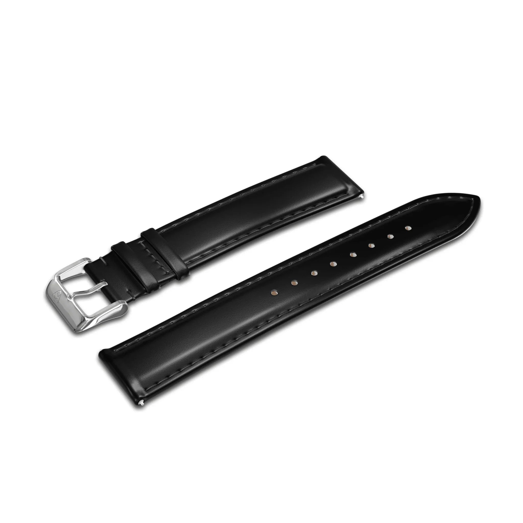 The GATSBY Obsidian (20mm) watch strap, featuring a sleek black leather design with a silver buckle and multiple adjustment holes, is displayed on a white background. The strap consists of two separate pieces for easy attachment.