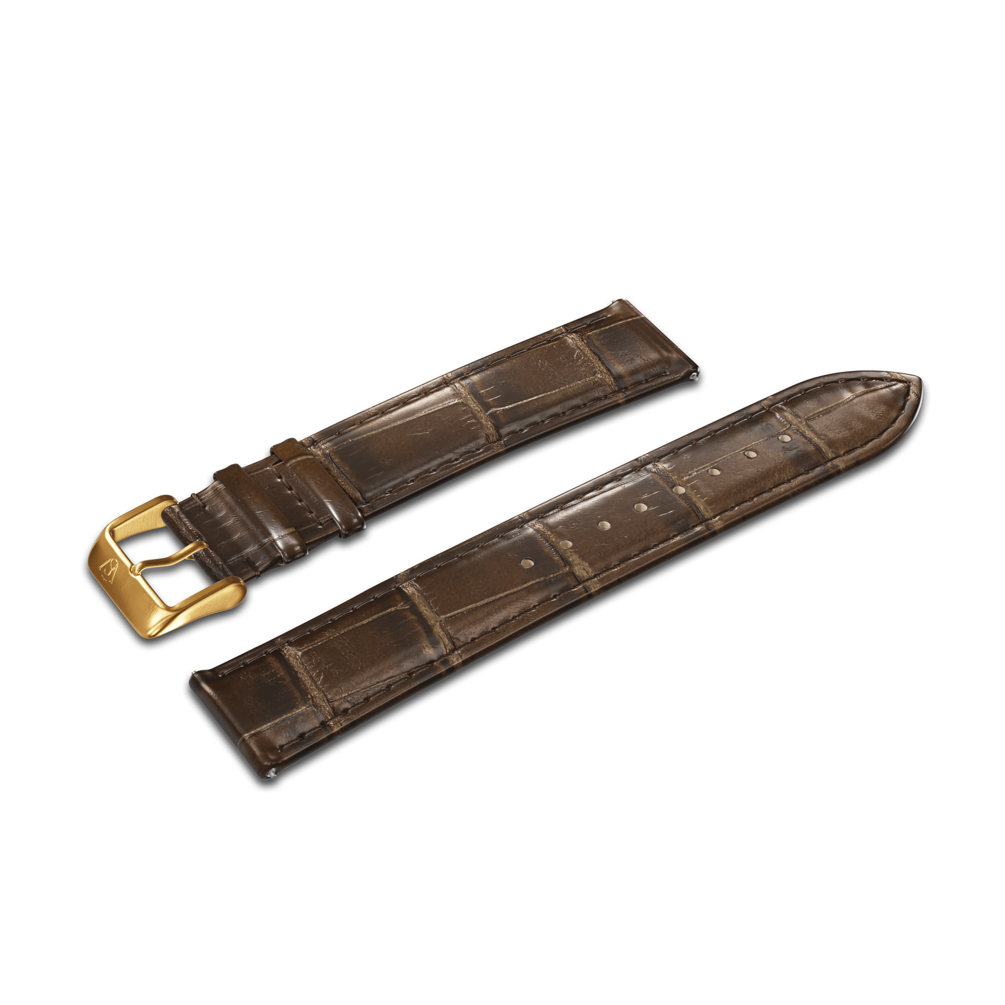 A GATSBY Mocha Croc (20mm) watch strap, designed with a rich brown alligator texture, rests on a white background. It includes a gold buckle and several adjustment holes for versatility.