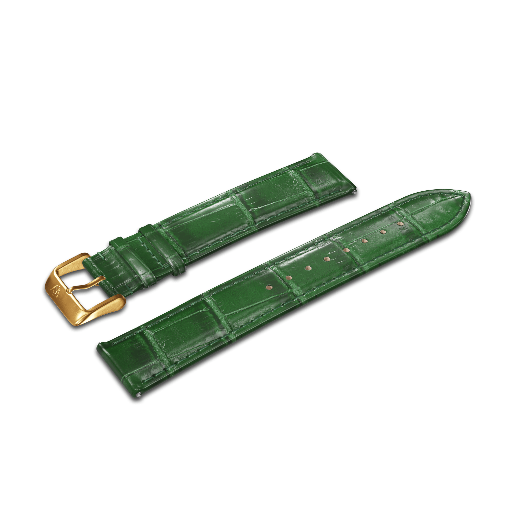 The GATSBY Forest Croc (20mm) watch strap is green leather with a gold buckle, showcasing a crocodile skin pattern. It comes in two pieces and has multiple holes for adjusting the size.