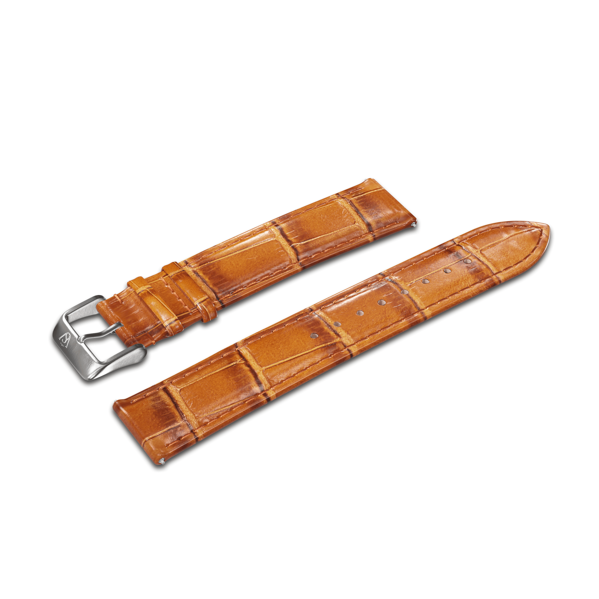 The GATSBY Cognac Croc (20mm) watch strap is portrayed from two angles, highlighting its brown leather with a crocodile pattern. One section showcases a silver buckle, while the other displays multiple holes for size adjustment. The glossy leather finish and visible stitching add to its elegance.