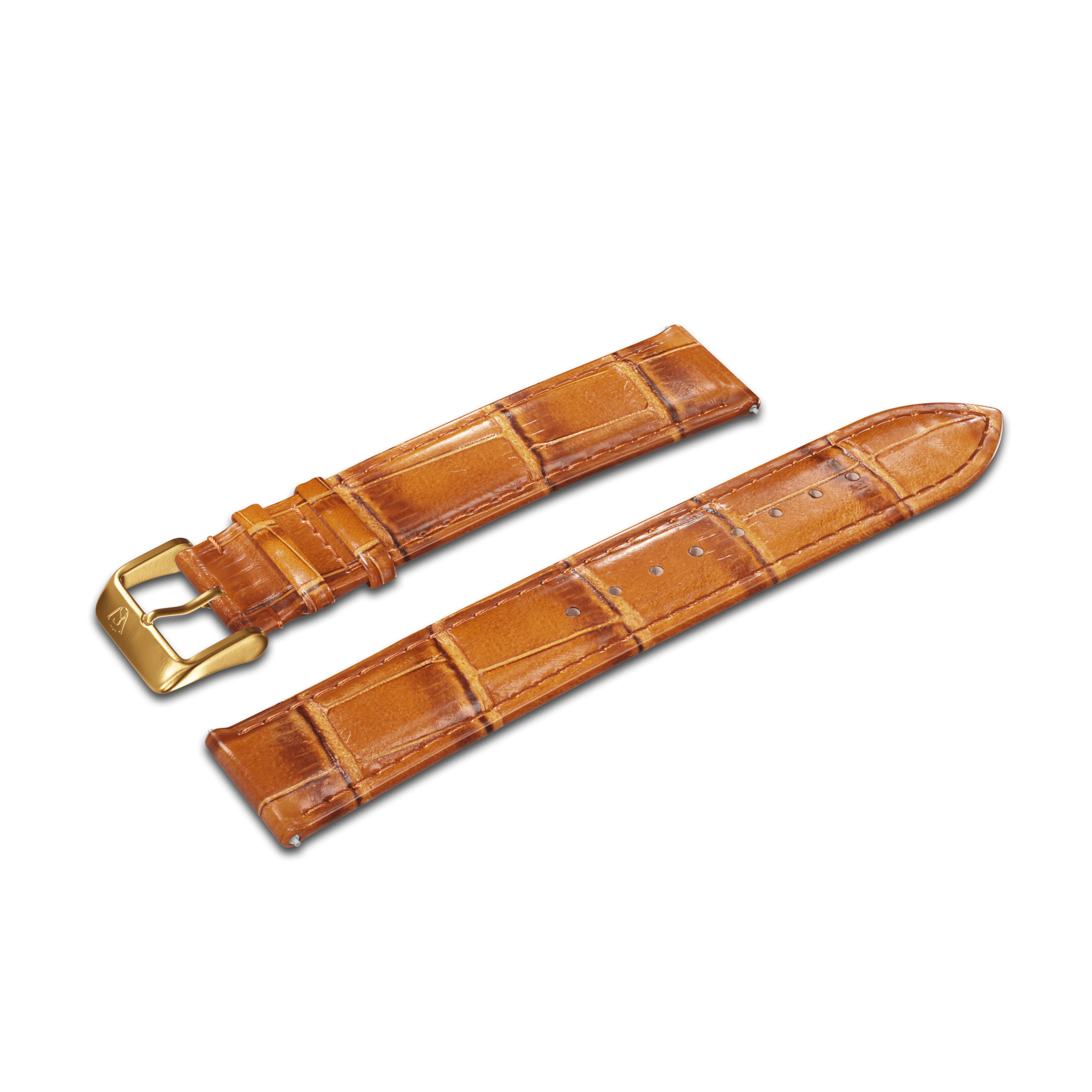 Introducing the GATSBY Cognac Croc (20mm) watch strap, crafted from luxurious brown leather with an elegant crocodile pattern. This strap features a sophisticated gold-tone buckle and is displayed in two separate pieces to emphasize its exquisite texture and design.