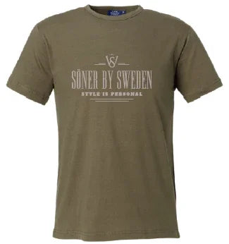 Olive green T-shirt from The Söner T-shirt collection featuring white text, SÖNER BY SWEDEN and STYLE IS PERSONAL, on the front. This design includes short sleeves and a classic crew neck.