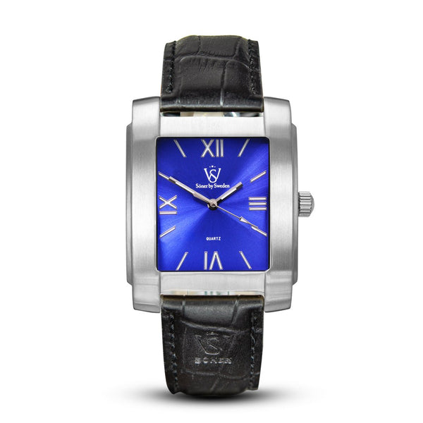 Stoclet, a square watch from söner watches with a brushed steel case and a radiant blue dial | Black alligator strap.