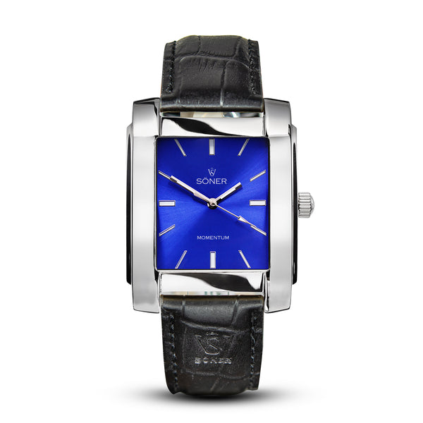 Bacardi, a square automatic watch from söner with a polished steel case and a radiant blue dial | Black alligator strap.