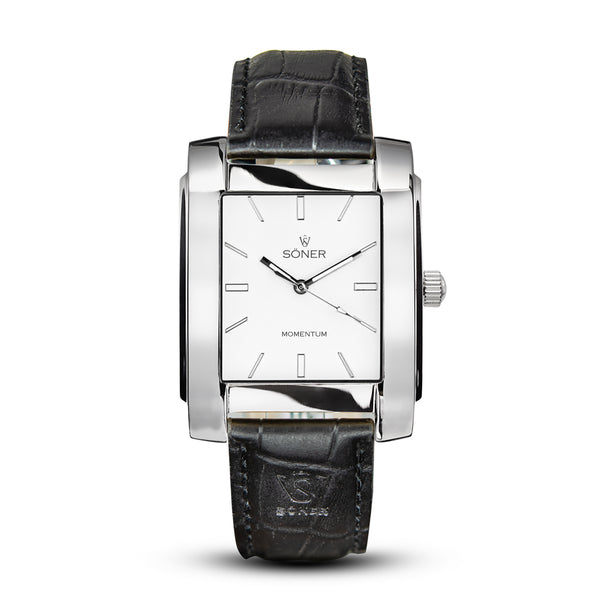 Hoover, a square automatic watch from söner with a polished steel case and a white dial | Black alligator strap.