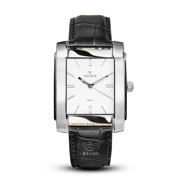 Chrysler, a square watch from söner watches with a polished steel case and a porcelain white dial | Black alligator strap.