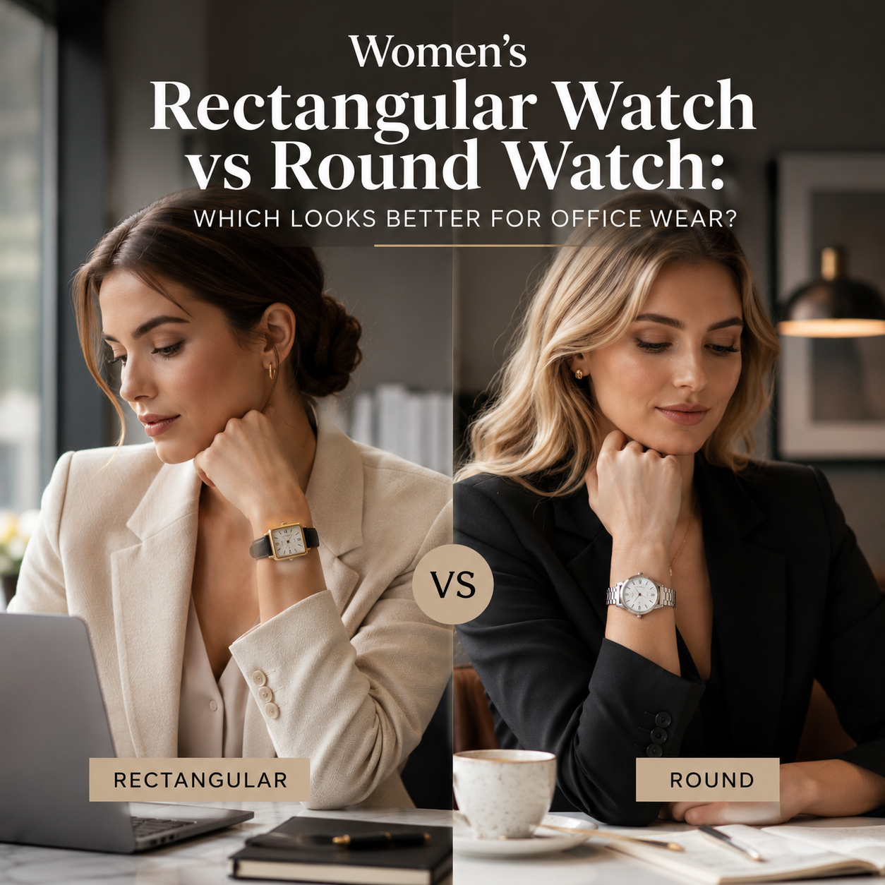 Two women wrists wearing a rectangular watch and a round watch, compared for office wear