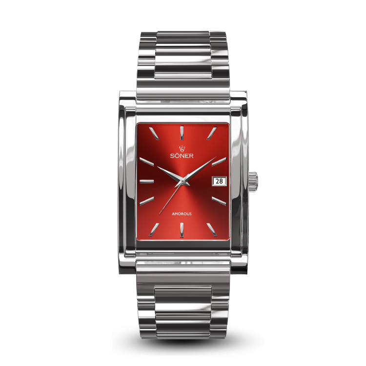 Amorous Rio: Polished Steel Watch with a Striking Red Dial