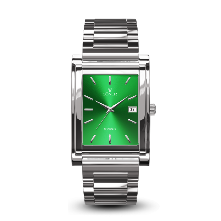 Rectangular watch with a black face, silver edges, and white hour markers. It has a brown leather strap with crocodile pattern. The brand SONER is on the face, with a date window at three oclock, displaying the number 28.