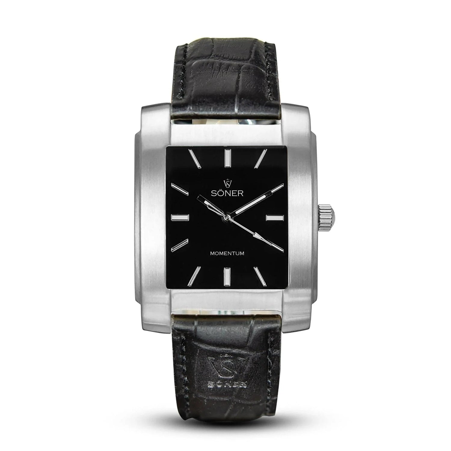 Introducing the Momentum Eden, a rectangular watch with a black leather strap and a sleek silver metallic case. The elegant black dial features silver hour markers and hands, with the names SÖNER and MOMENTUM gracefully displayed on its face.