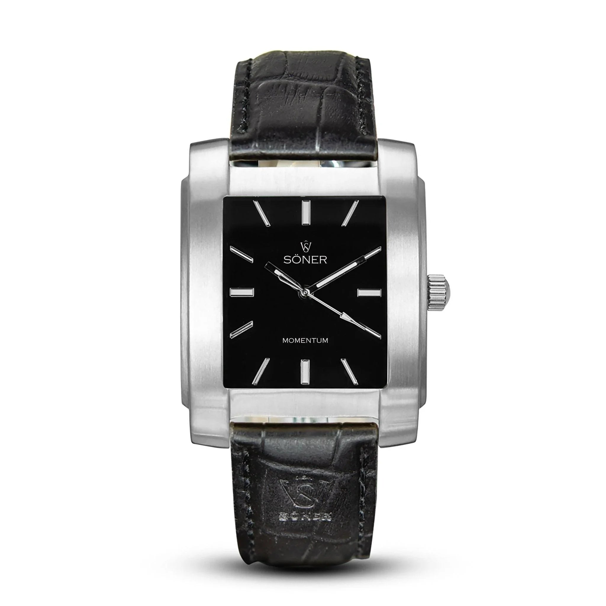 Introducing the Momentum Eden, a rectangular watch with a black leather strap and a sleek silver metallic case. The elegant black dial features silver hour markers and hands, with the names SÖNER and MOMENTUM gracefully displayed on its face.