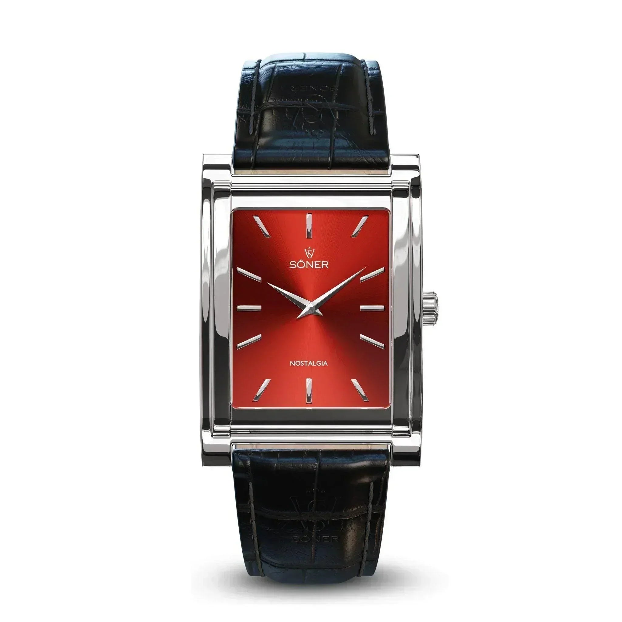 The Nostalgia Rome features a sleek rectangular design with a silver case and vibrant red dial. Labeled with SÖNER and NOSTALGIA, it showcases minimalist hour markers and hands.
