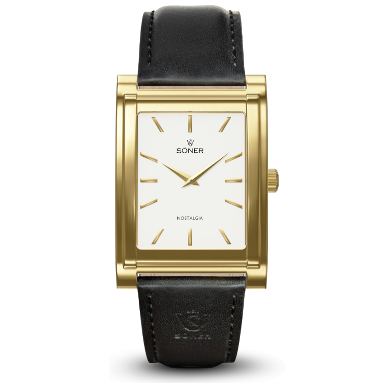 Rectangular gold wristwatch with a white dial, featuring gold hour markers and hands. The watch has a black leather strap and SÖNER and NOSTALGIA written on the face. The crown is positioned on the right.