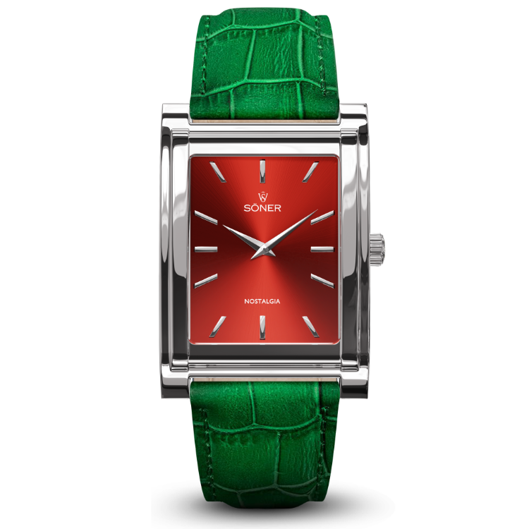 Rectangular wristwatch with a red dial and minimalist hour markers. The watch has a metallic silver case and crown, and a vivid green textured strap. The brand name SÖNER is displayed on the dial.