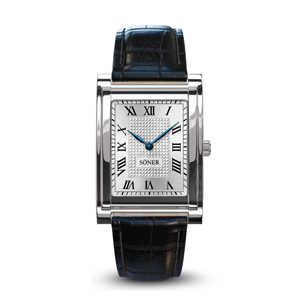 Söner Nostalgia Agustus rectangular steel watch with textured silver dial, black Roman numerals, blue hands, and black leather strap for formal occasions