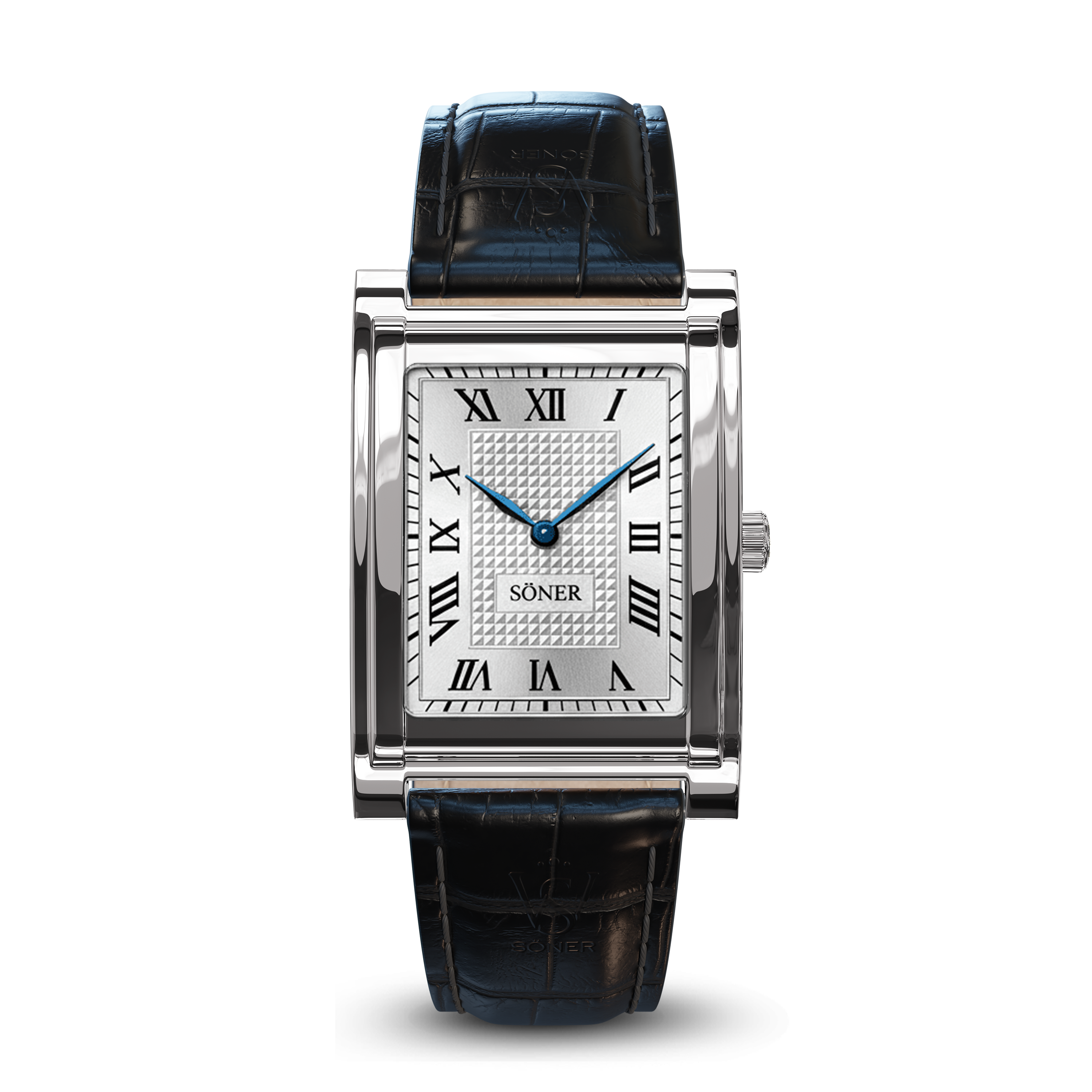 Rectangular steel watch with a textured white dial, black Roman numerals dial, blue hands, and a black leather strap. The brand name SÖNER is printed on the dial.