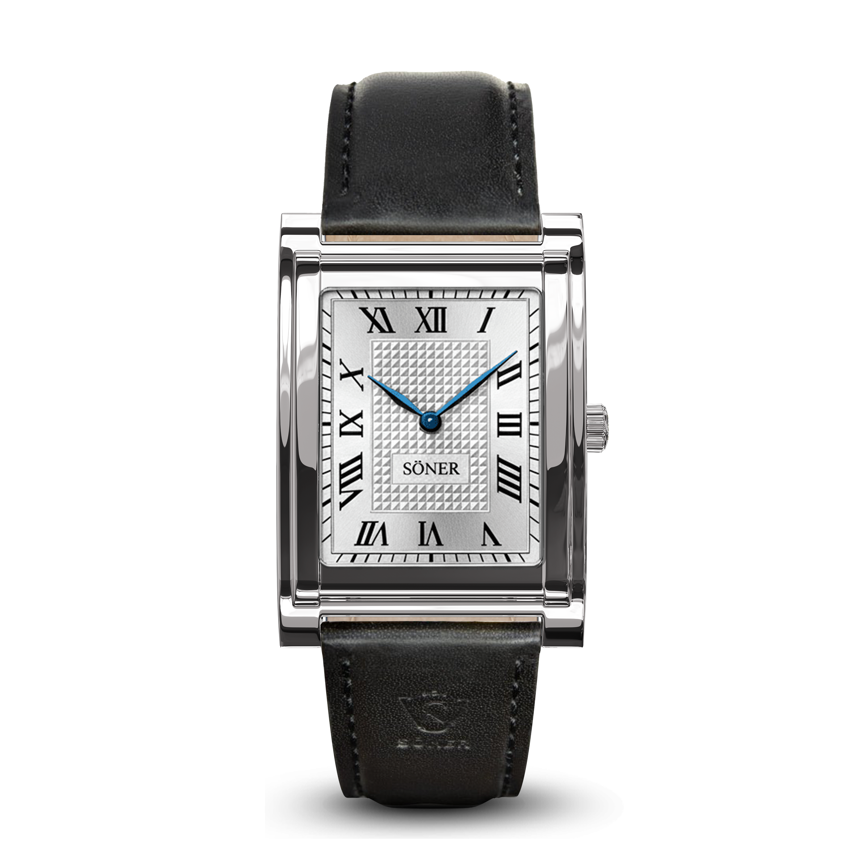 A rectangular steel watch with a sapphire crystal, black leather strap, silver Roman numerals dial, blue hands, and the SÖNER brand on the textured dial. The polished metal case adds elegance to this classic timepiece.